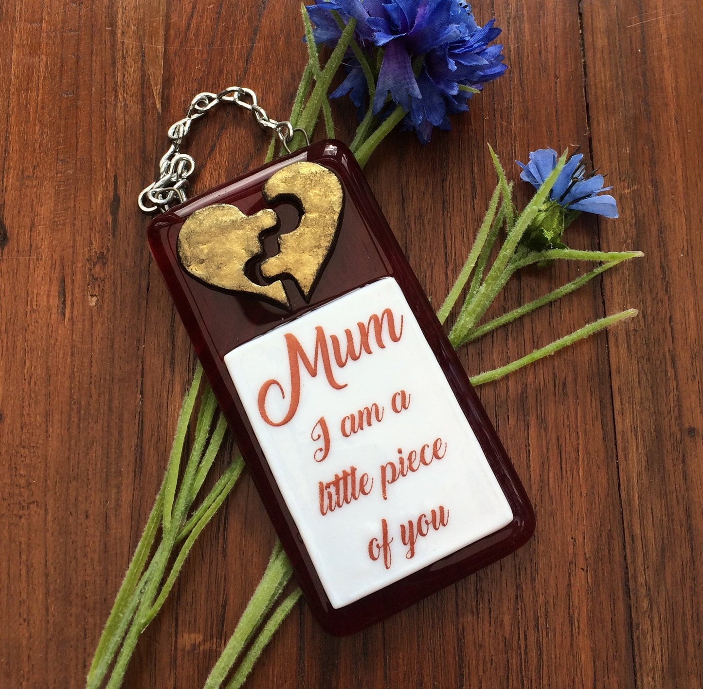 Handmade fused glass 3D Mum I Am A Piece Of You hanging picture decoration. Suncatcher, Mothers day present, gift for Mum, Dad, Nan, Grandmother. Jigsaw love heart.