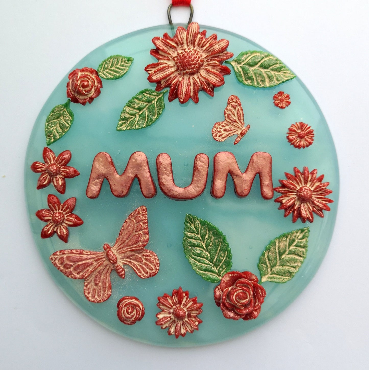 Handmade fused glass 3D Mum hanging picture decoration. Suncatcher, Mothers day present, gift for Mum, Nan, Grandmother. Flowers, butterfly.