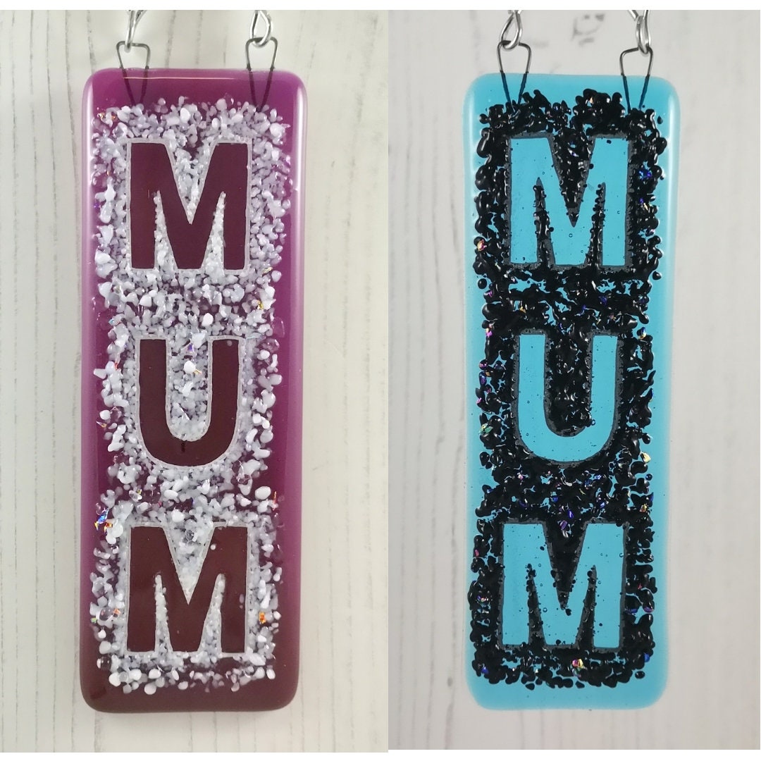 Handmade fused glass Mum suncatcher, colourful dichroic glass hanging picture decoration. Mothers day present, gift for Mum, Nan, Grandmother.