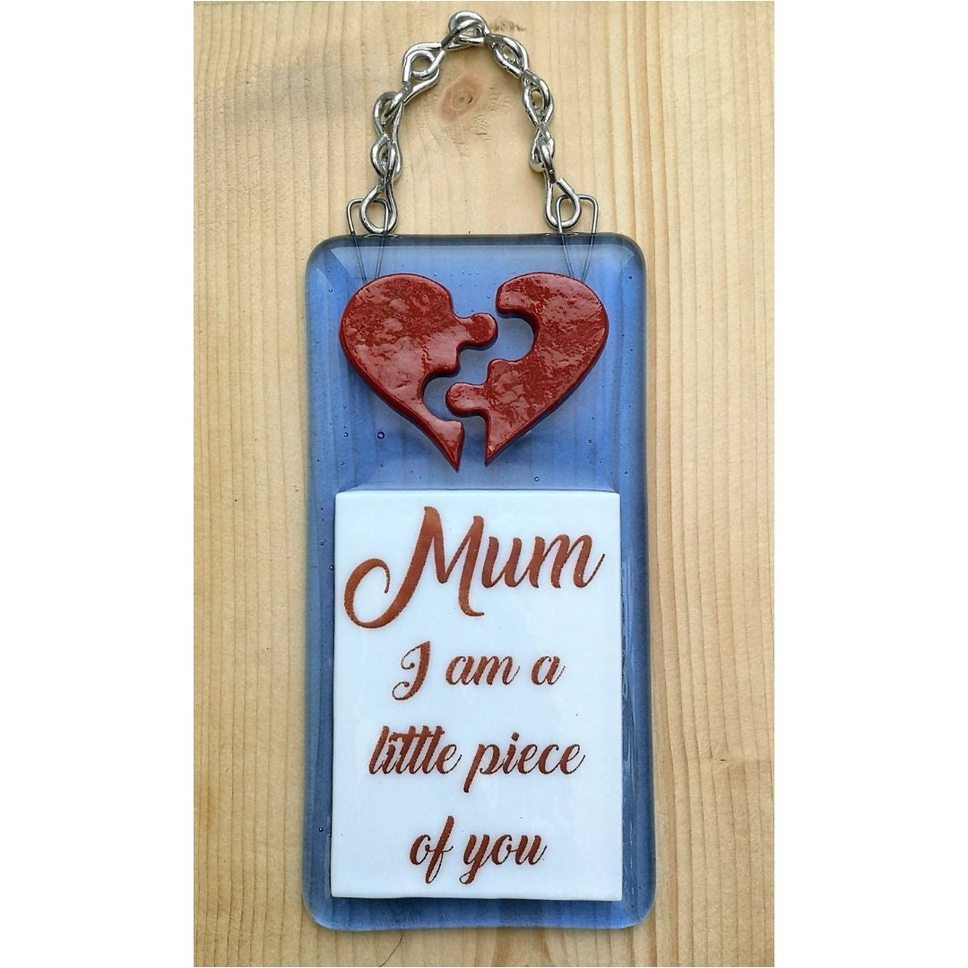 Handmade fused glass 3D Mum I Am A Piece Of You hanging picture decoration. Suncatcher, Mothers day present, gift for Mum, Dad, Nan, Grandmother. Jigsaw love heart.