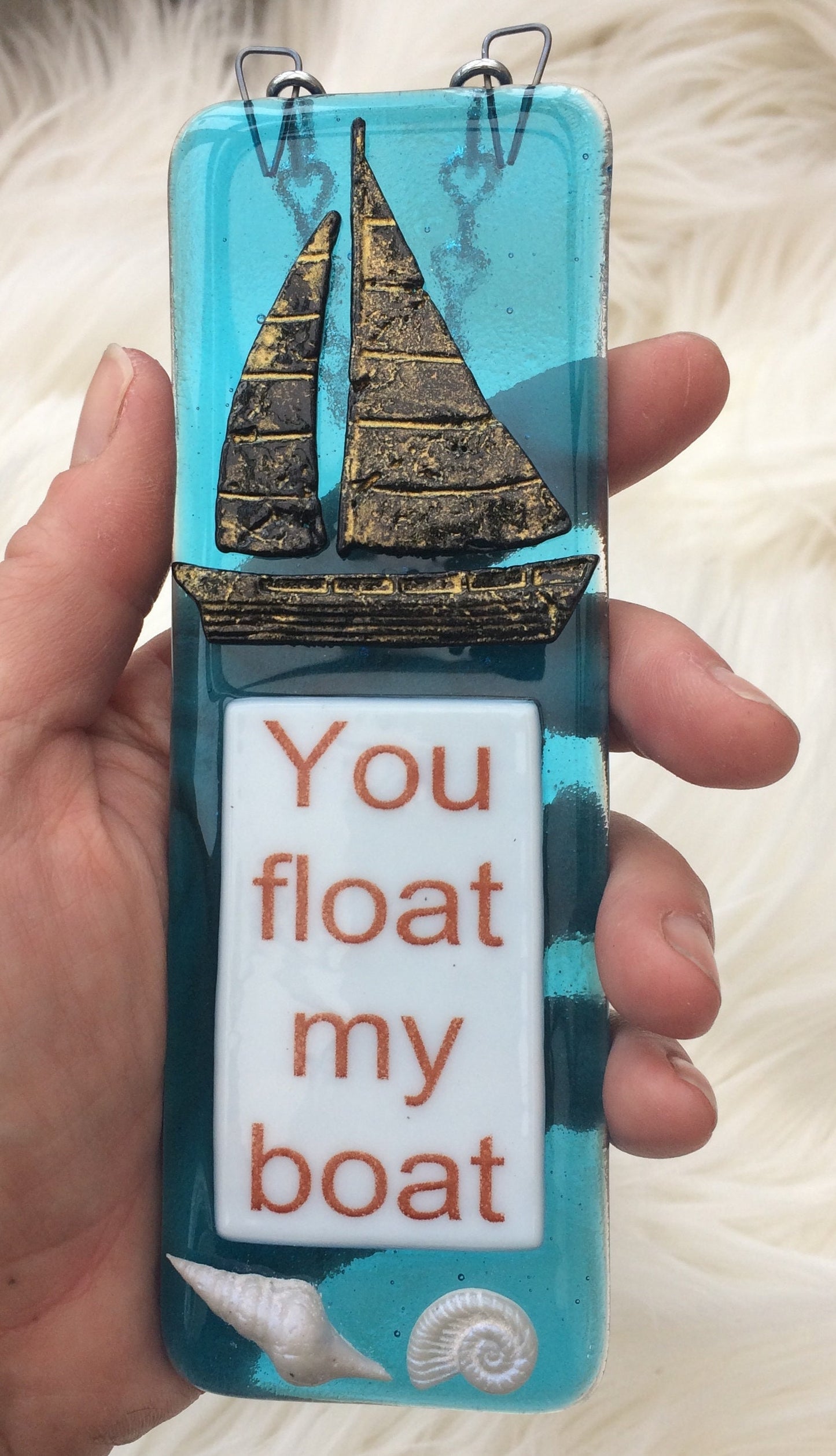 Handmade fused glass You Float My Boat Hanging Decoration. Valentine suncatcher gift. Romantic, love, message from the heart present. Girlfriend, boyfriend, partner, husband, wife.