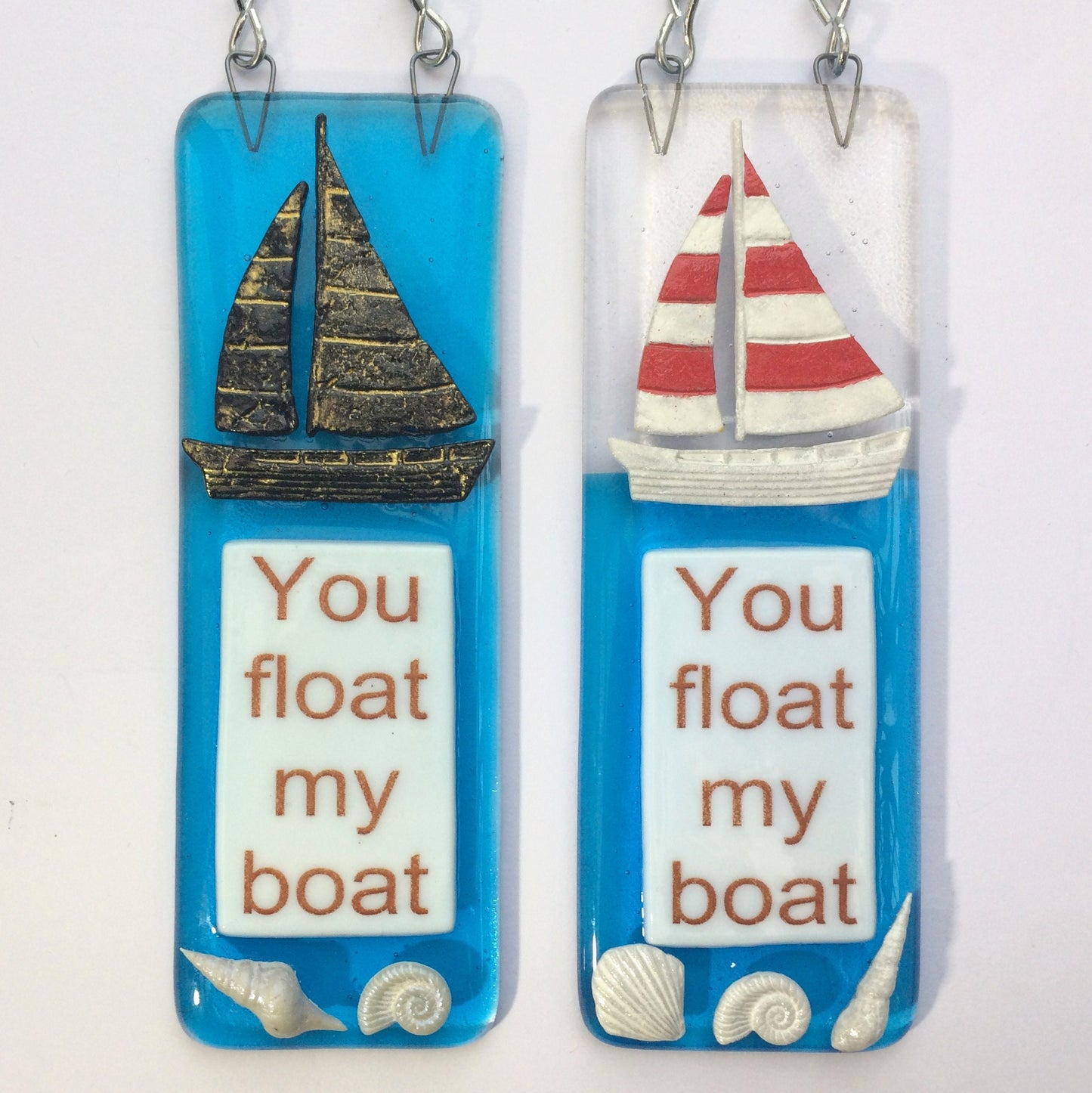 Handmade fused glass You Float My Boat Hanging Decoration. Valentine suncatcher gift. Romantic, love, message from the heart present. Girlfriend, boyfriend, partner, husband, wife.