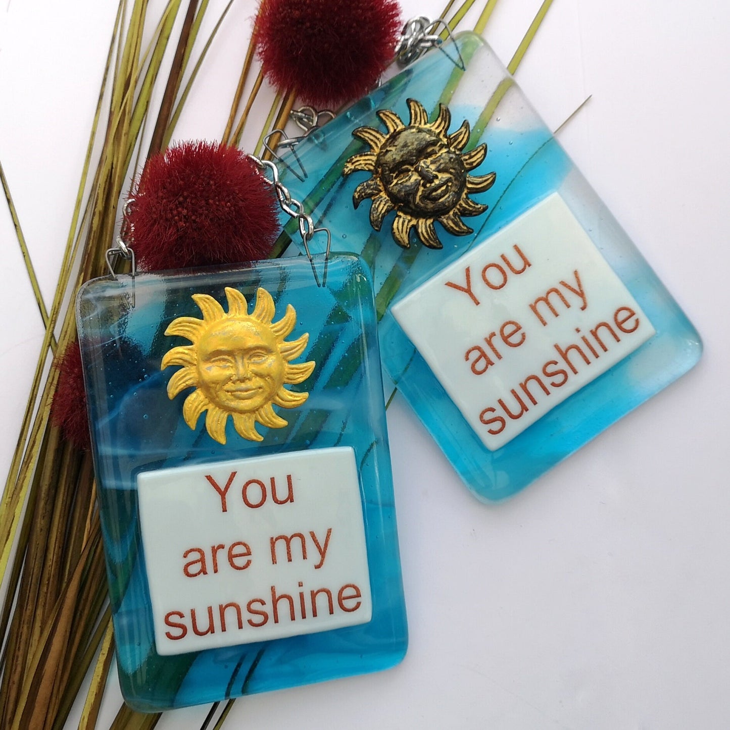 Handmade fused glass You Are My Sunshine Hanging Decoration. Valentine suncatcher gift. Romantic, love, message from the heart present. Girlfriend, boyfriend, partner, husband, wife.
