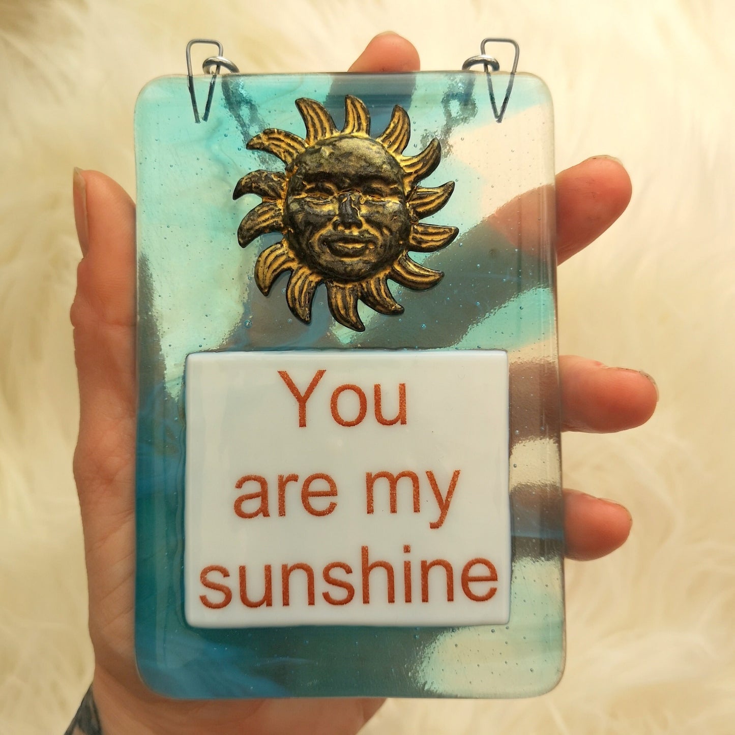 Handmade fused glass You Are My Sunshine Hanging Decoration. Valentine suncatcher gift. Romantic, love, message from the heart present. Girlfriend, boyfriend, partner, husband, wife.