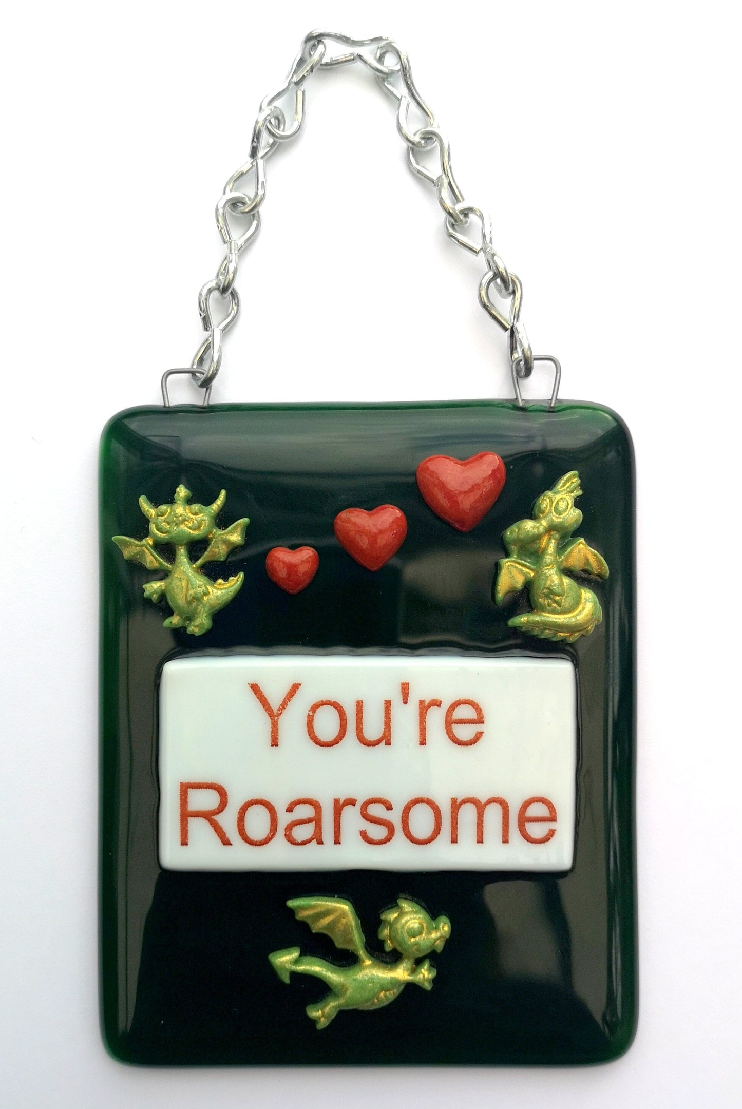 Handmade fused glass Awesome Roarsome Dragon Hanging Decoration. Valentine suncatcher gift. Romantic, love, message from the heart present. Girlfriend, boyfriend, partner, husband, wife.
