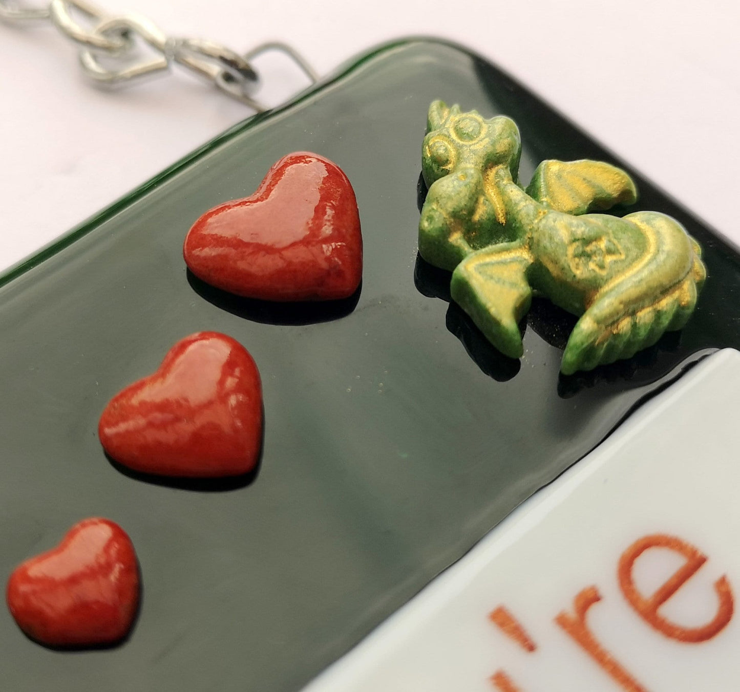 Handmade fused glass Awesome Roarsome Dragon Hanging Decoration. Valentine suncatcher gift. Romantic, love, message from the heart present. Girlfriend, boyfriend, partner, husband, wife.