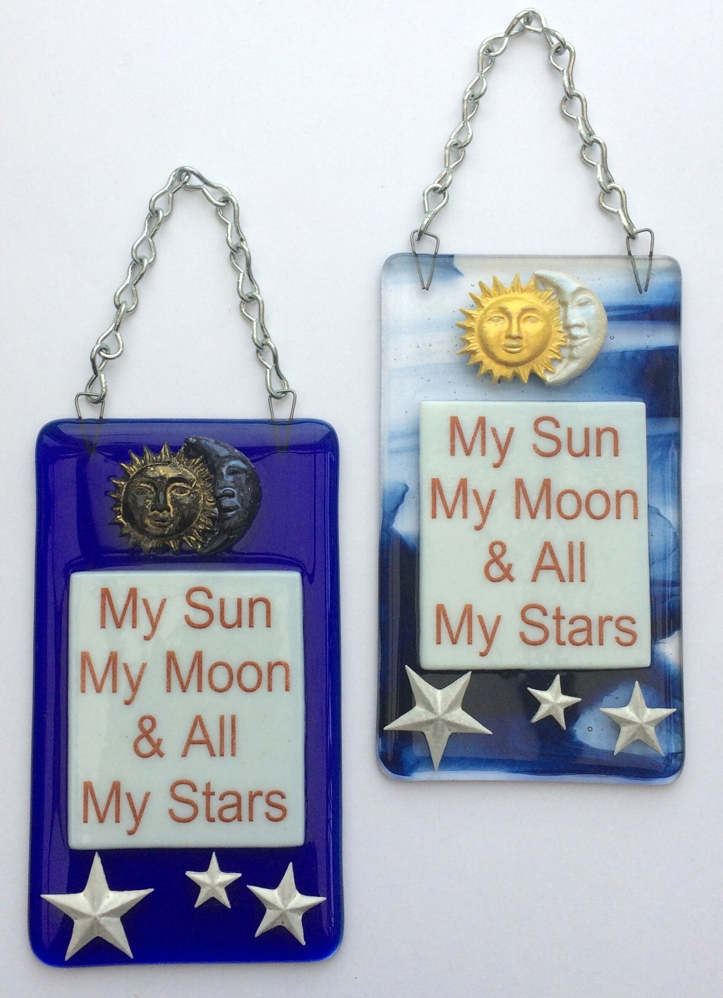 Handmade fused glass My Sun, My Moon, And All My Stars Hanging Decoration. Valentine suncatcher gift. Romantic, love, message from the heart present. Girlfriend, boyfriend, partner, husband, wife.