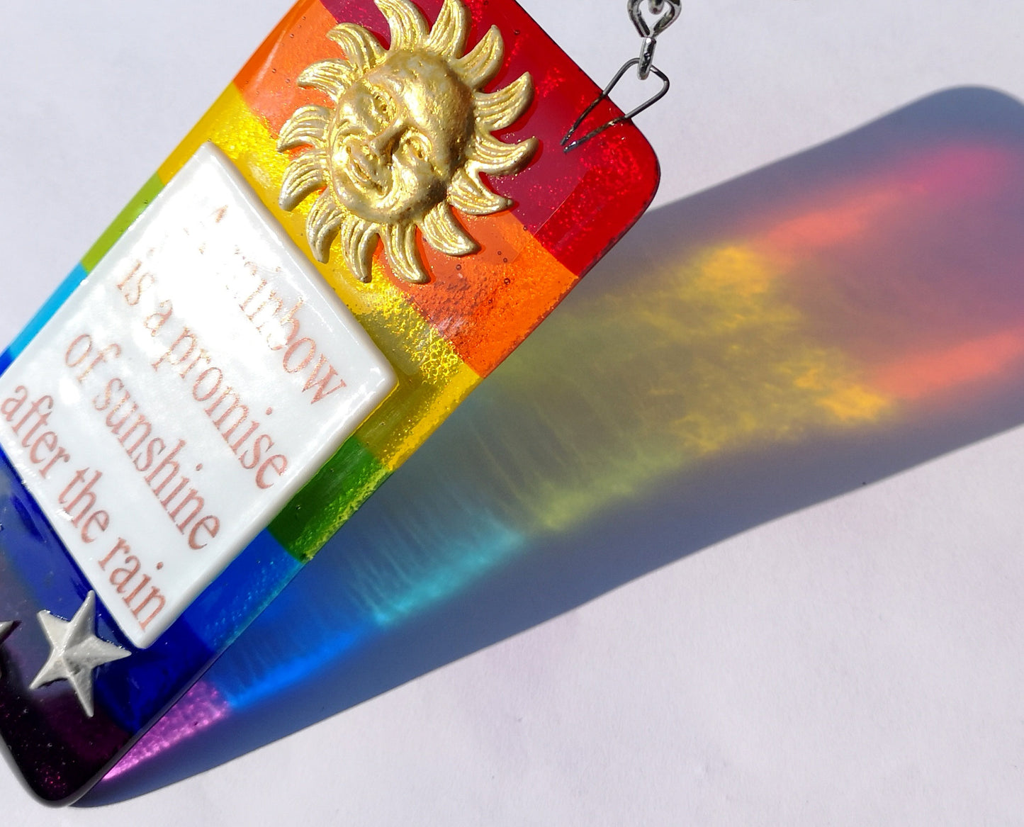 Handmade fused glass Rainbow Is A Promise Of Sunshine After The Rain hanging picture suncatcher. Inspirational gift, funny card, humorous quote plaque, positive message sign.