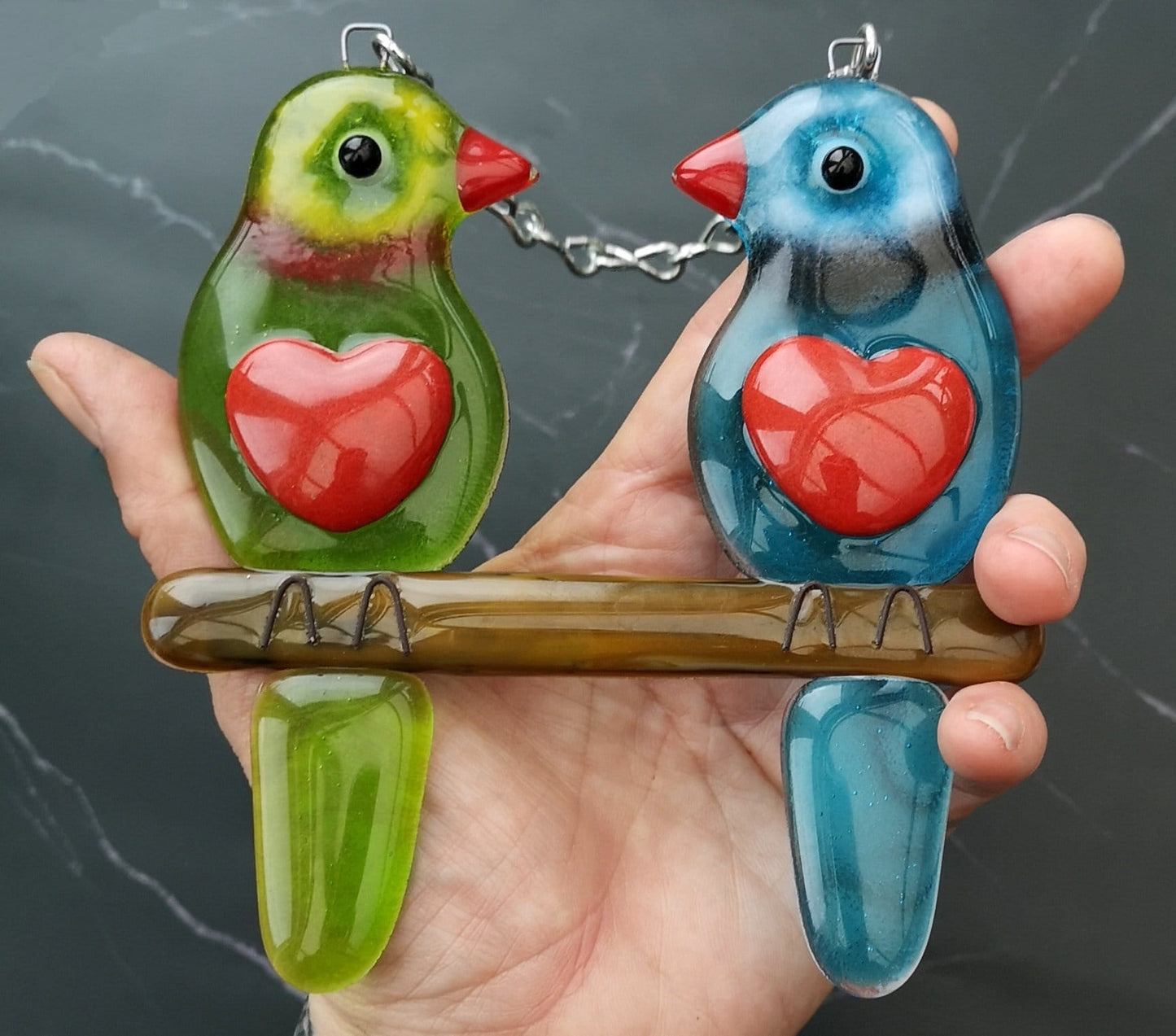 Handmade fused glass Lovebirds Hanging Decoration. Valentine birds suncatcher gift. Romantic, love, message from the heart, nature, bird lover present. Girlfriend, boyfriend, partner, husband, wife keepsake, wedding, engagement gift.