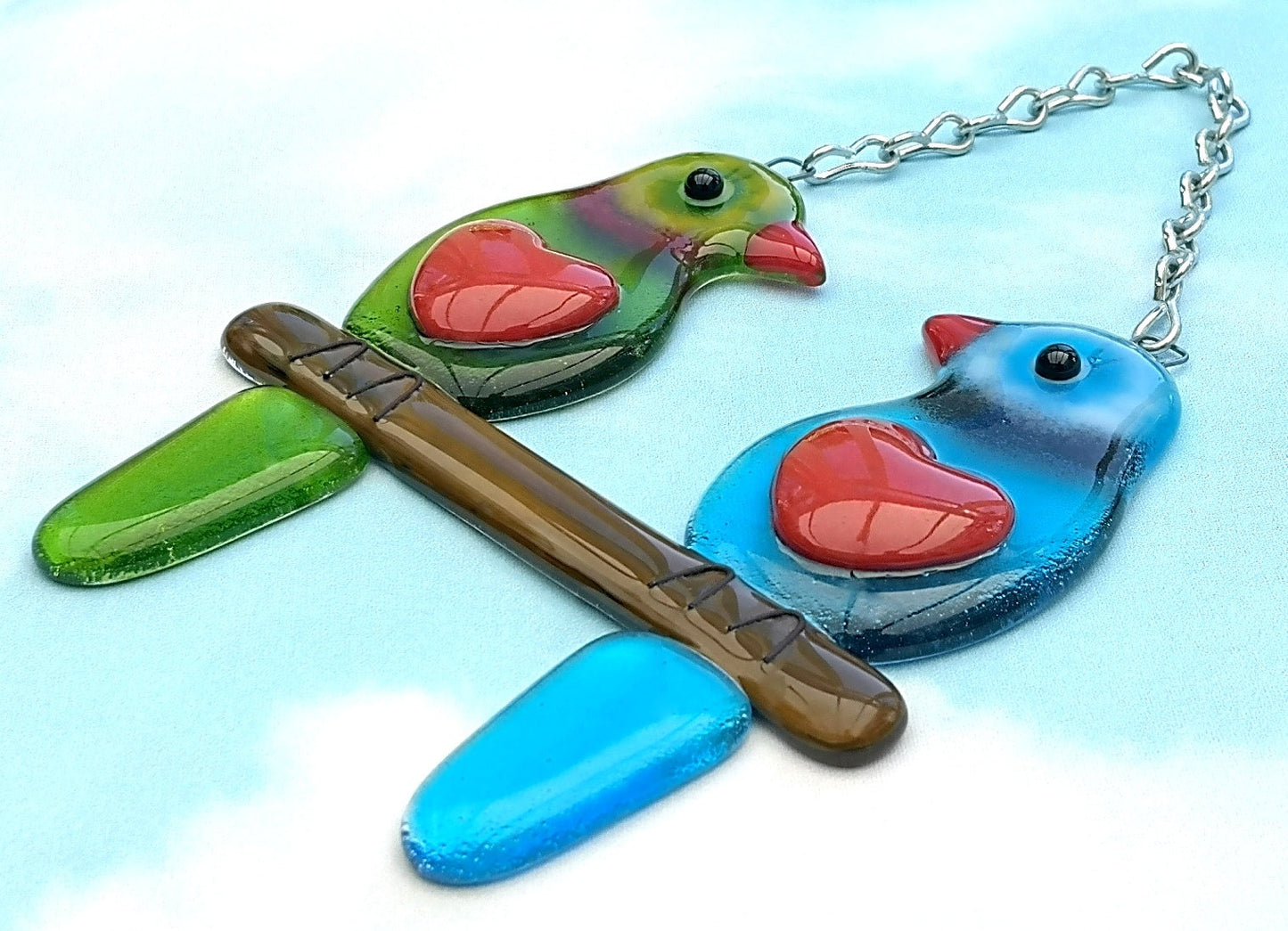Handmade fused glass Lovebirds Hanging Decoration. Valentine birds suncatcher gift. Romantic, love, message from the heart, nature, bird lover present. Girlfriend, boyfriend, partner, husband, wife keepsake, wedding, engagement gift.