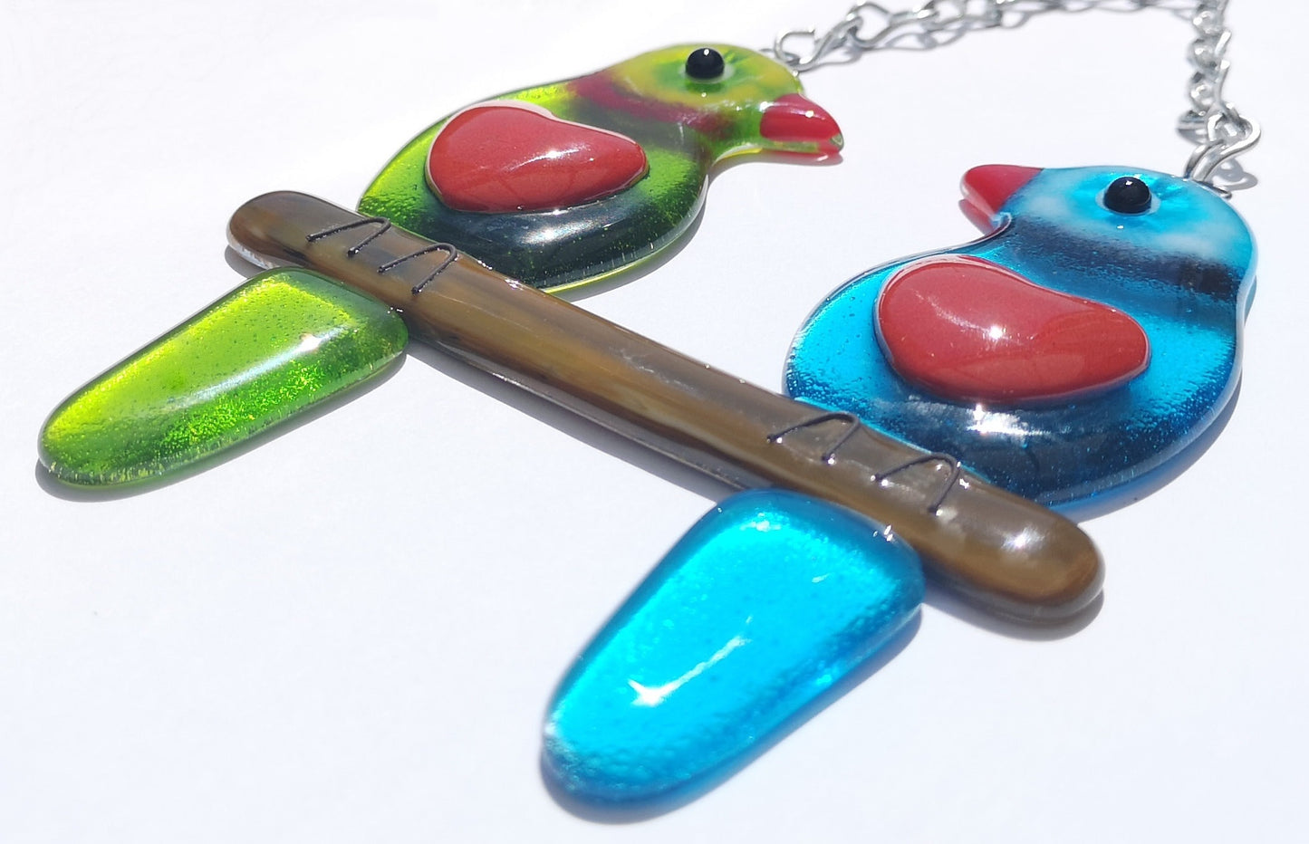 Handmade fused glass Lovebirds Hanging Decoration. Valentine birds suncatcher gift. Romantic, love, message from the heart, nature, bird lover present. Girlfriend, boyfriend, partner, husband, wife keepsake, wedding, engagement gift.