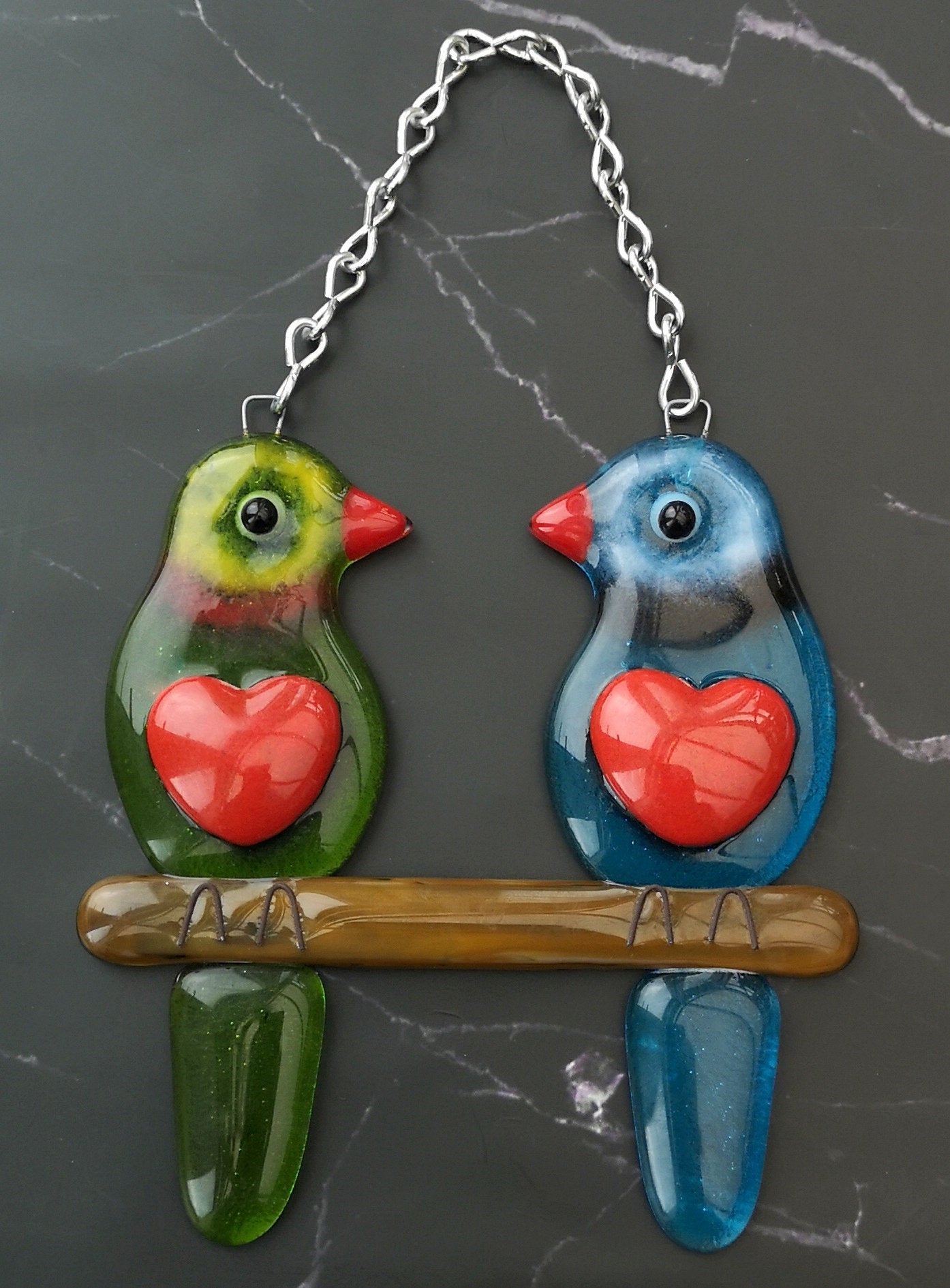 Handmade fused glass Lovebirds Hanging Decoration. Valentine birds suncatcher gift. Romantic, love, message from the heart, nature, bird lover present. Girlfriend, boyfriend, partner, husband, wife keepsake, wedding, engagement gift.