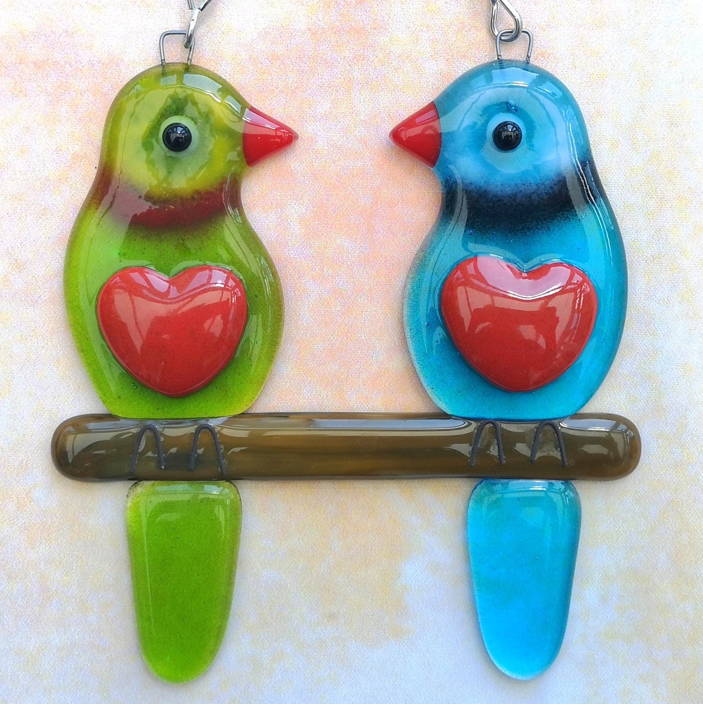 Handmade fused glass Lovebirds Hanging Decoration. Valentine birds suncatcher gift. Romantic, love, message from the heart, nature, bird lover present. Girlfriend, boyfriend, partner, husband, wife keepsake, wedding, engagement gift.
