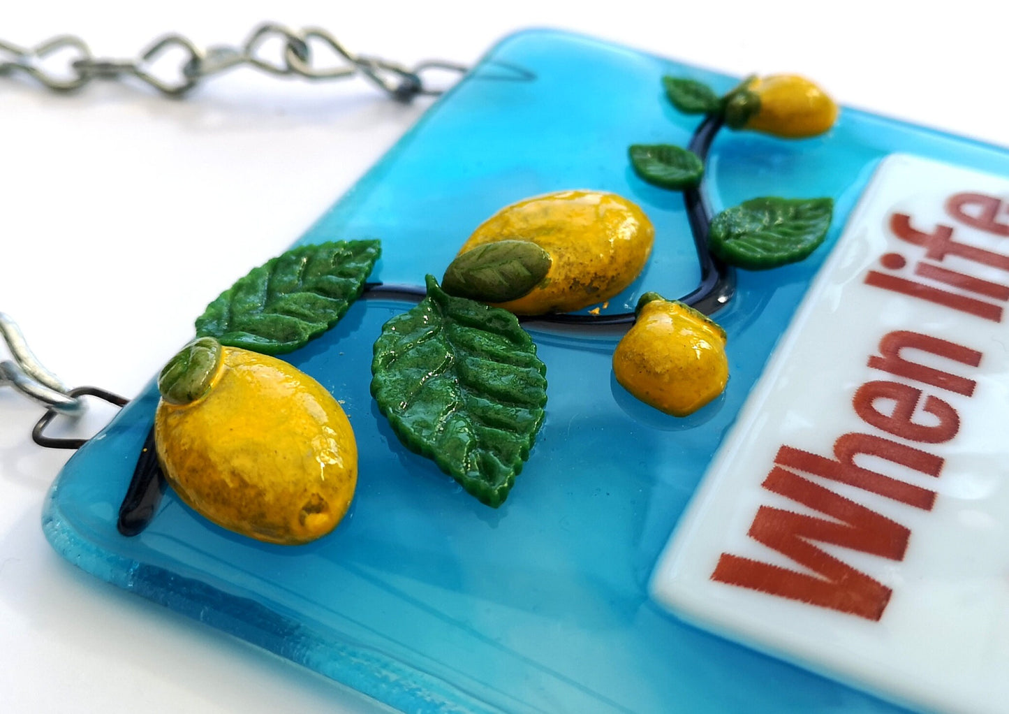 Handmade fused glass If Life Gives You Lemons Make Lemonade hanging picture suncatcher. Inspirational gift, funny card, humorous quote plaque, positive message sign.