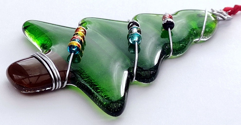 Handmade fused glass Christmas tree hanging decoration, wire wrapped glass beads, Xmas tree ornament, holiday decor, Christmas gift, festive present