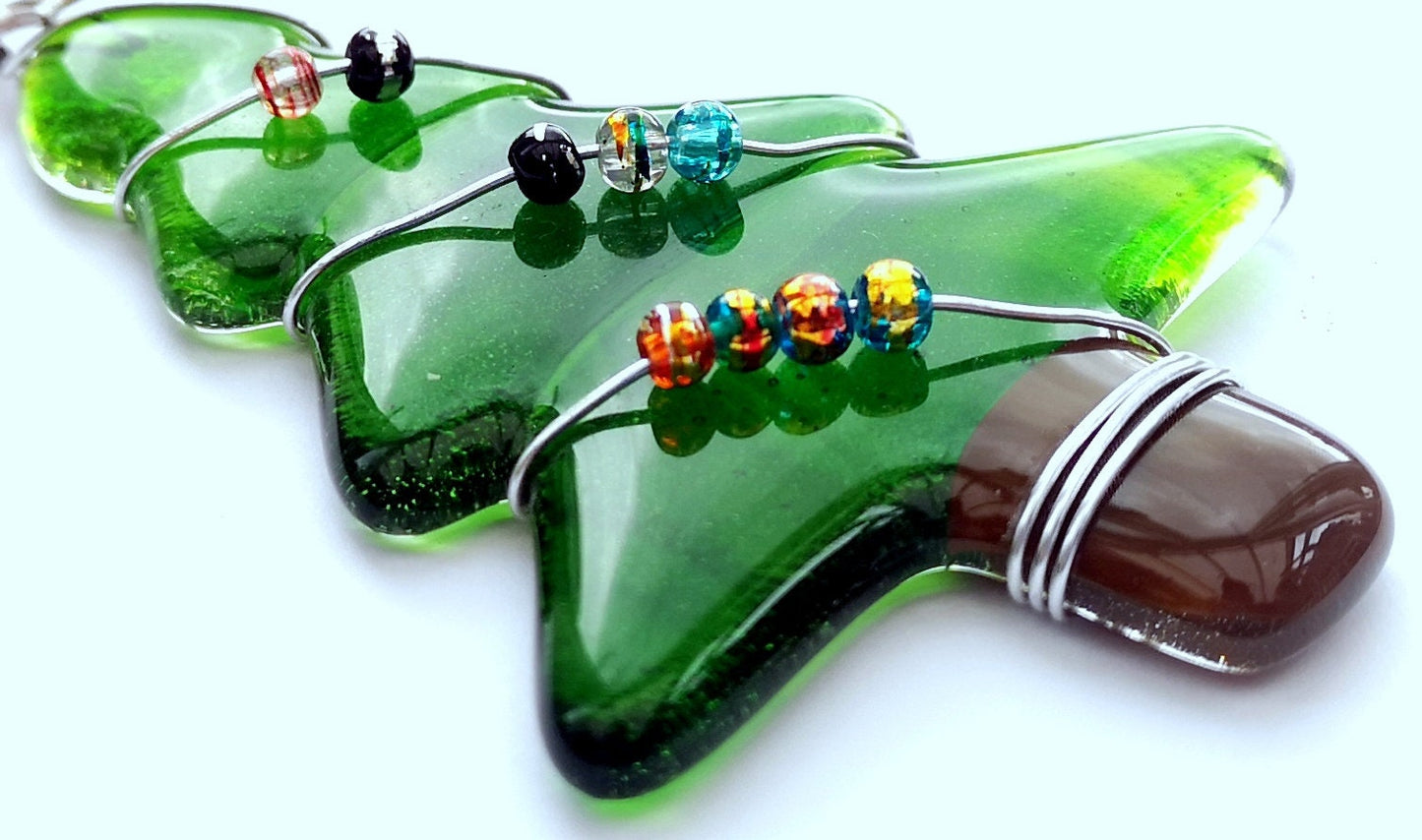 Handmade fused glass Christmas tree hanging decoration, wire wrapped glass beads, Xmas tree ornament, holiday decor, Christmas gift, festive present
