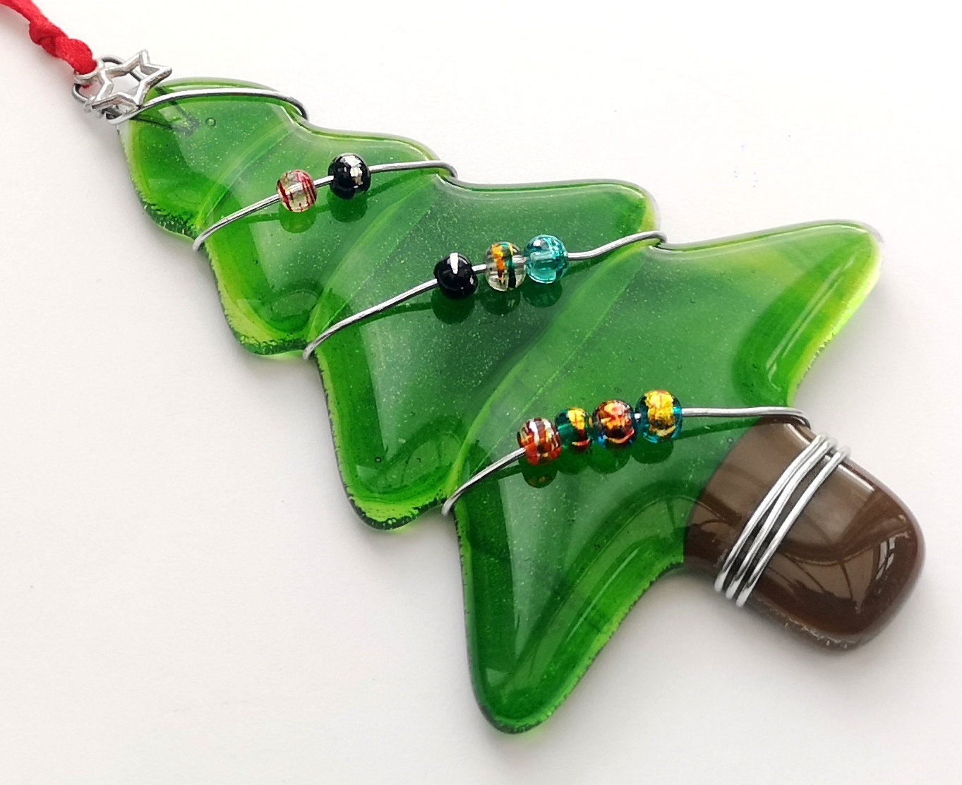 Handmade fused glass Christmas tree hanging decoration, wire wrapped glass beads, Xmas tree ornament, holiday decor, Christmas gift, festive present