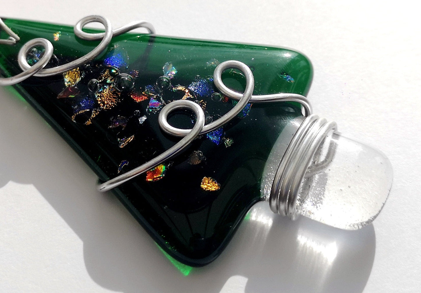 Handmade fused glass Christmas tree hanging decoration, wire wrapped, Xmas tree ornament, holiday decor, Christmas gift, festive present, star charm