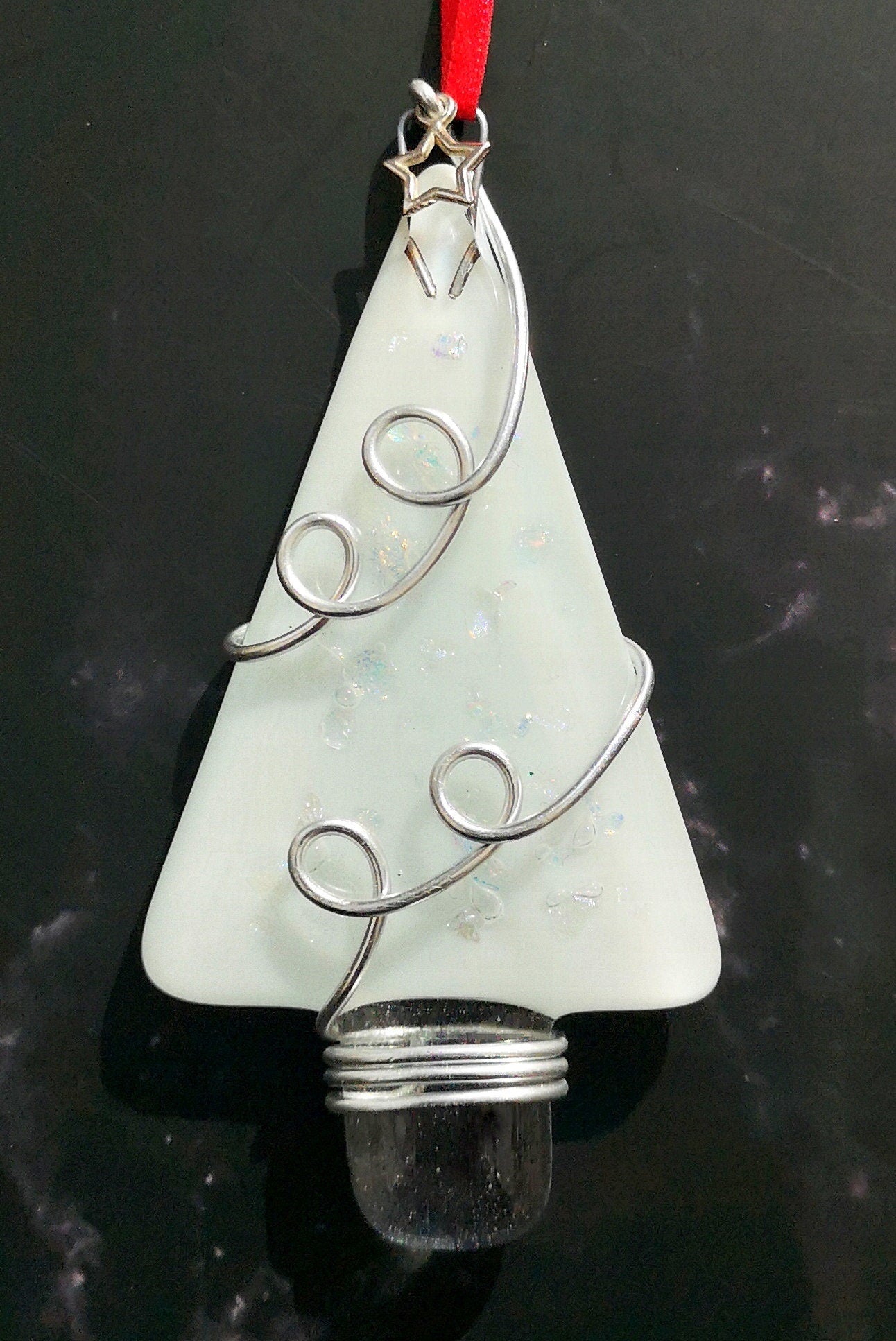 Handmade fused glass Christmas tree hanging decoration, wire wrapped, Xmas tree ornament, holiday decor, Christmas gift, festive present, star charm