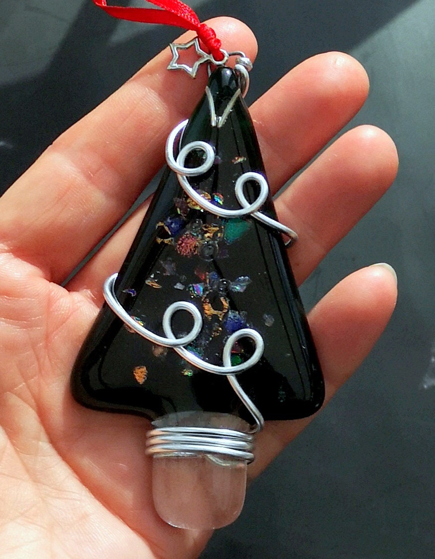 Handmade fused glass Christmas tree hanging decoration, wire wrapped, Xmas tree ornament, holiday decor, Christmas gift, festive present, star charm