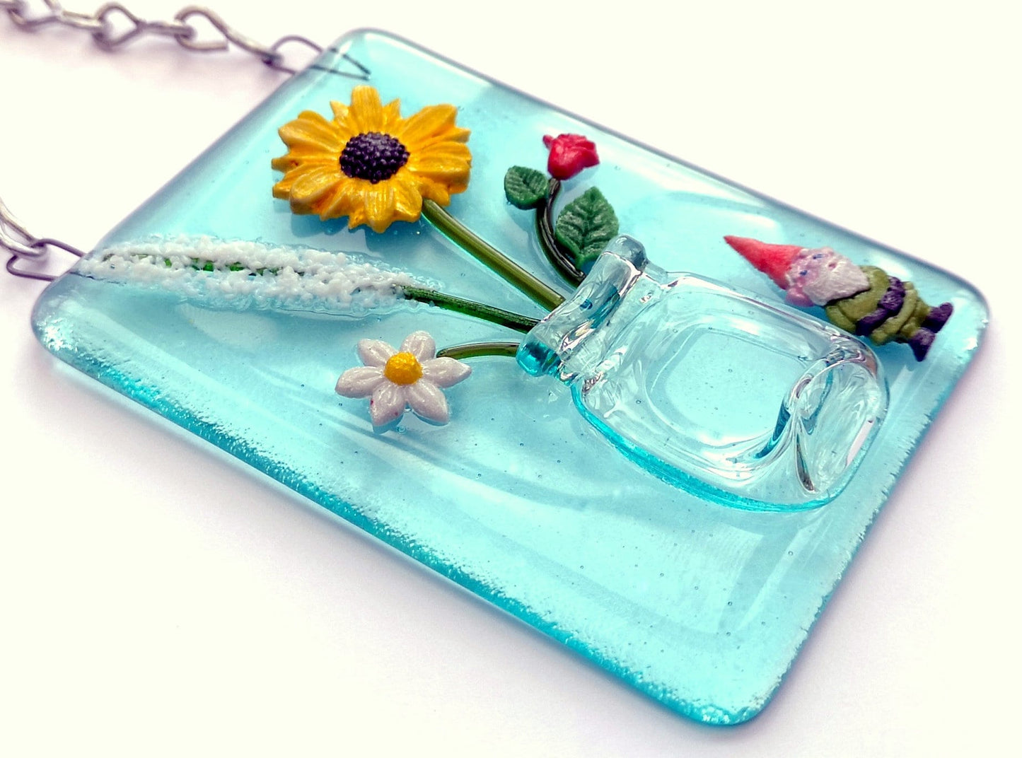 Handmade 3D fused glass Flowers In Vase Hanging Picture, suncatcher. Floral decoration, ornament, flower wall art, garden picture gift. Daisy, sunflower, garden gnome, rose.