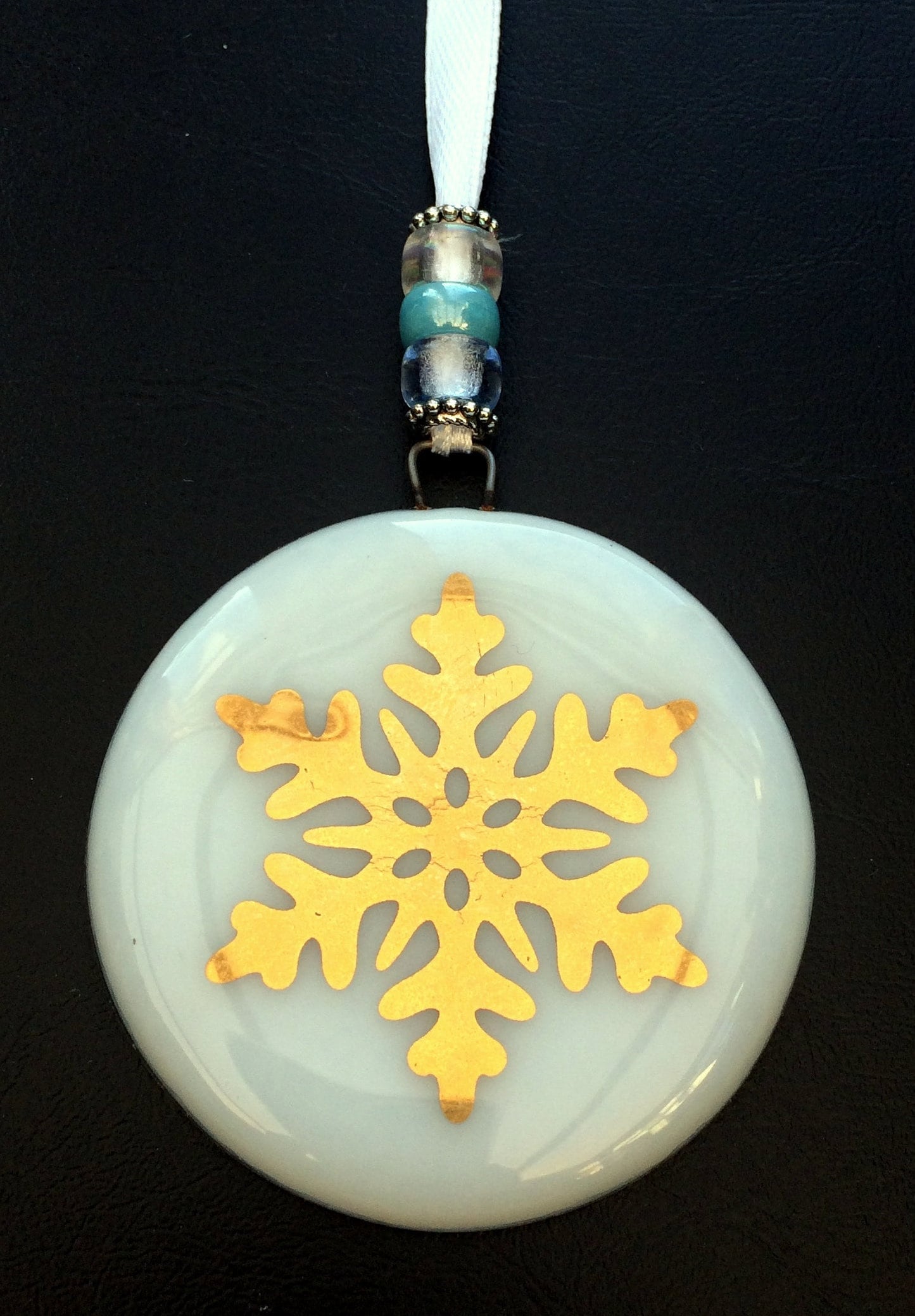 Fused glass Snowflake Hanging Decorations. Glass suncatcher, bauble ornament, holiday decor, Christmas tree gift, festive present.