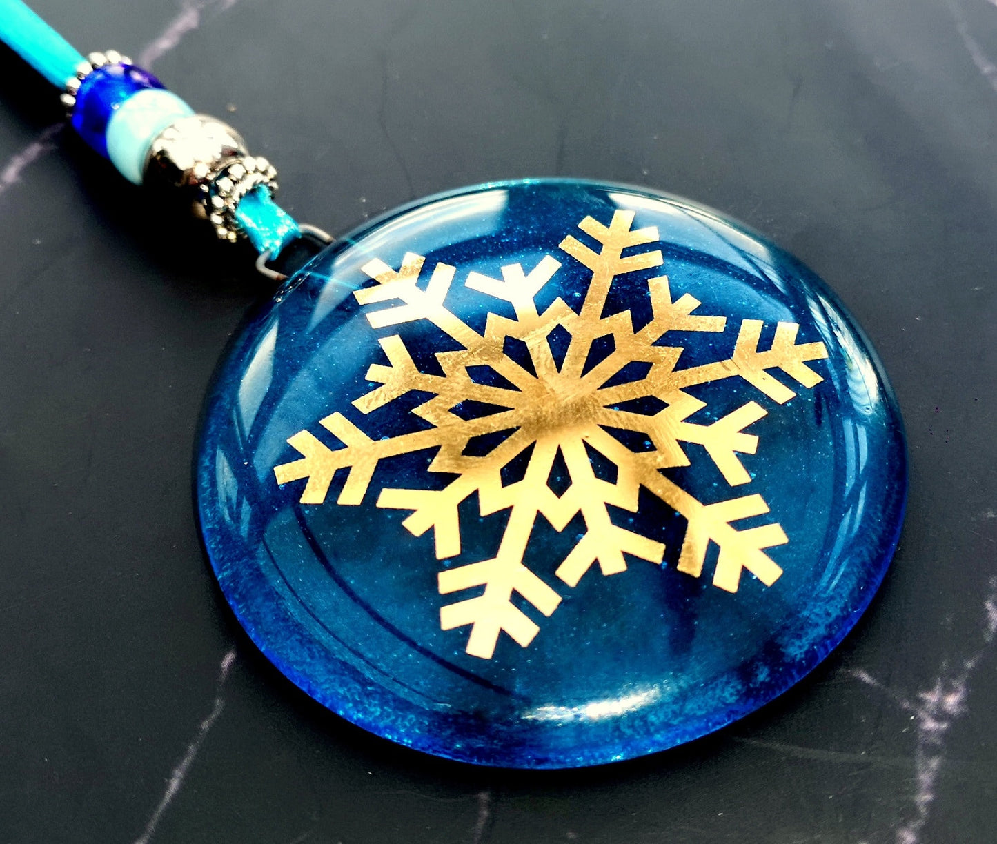 Fused glass Snowflake Hanging Decorations. Glass suncatcher, bauble ornament, holiday decor, Christmas tree gift, festive present.