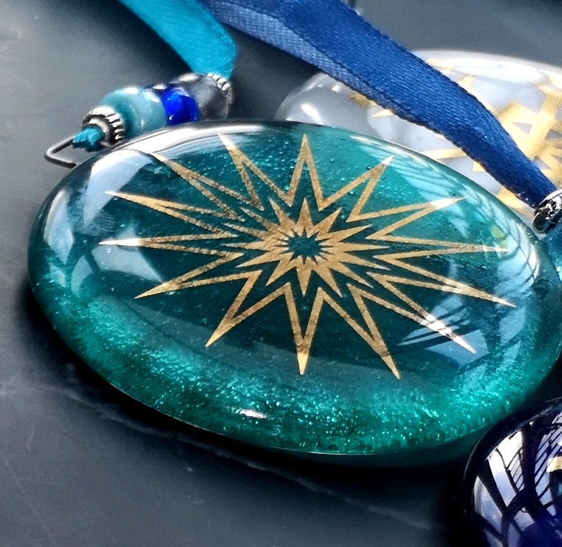 Fused glass Snowflake Hanging Decorations. Glass suncatcher, bauble ornament, holiday decor, Christmas tree gift, festive present.