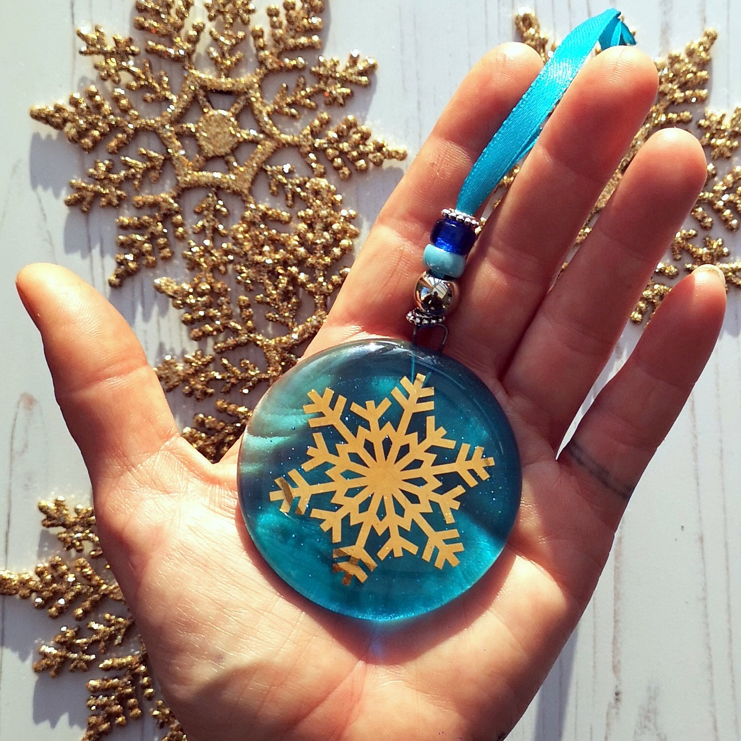 Fused glass Snowflake Hanging Decorations. Glass suncatcher, bauble ornament, holiday decor, Christmas tree gift, festive present.