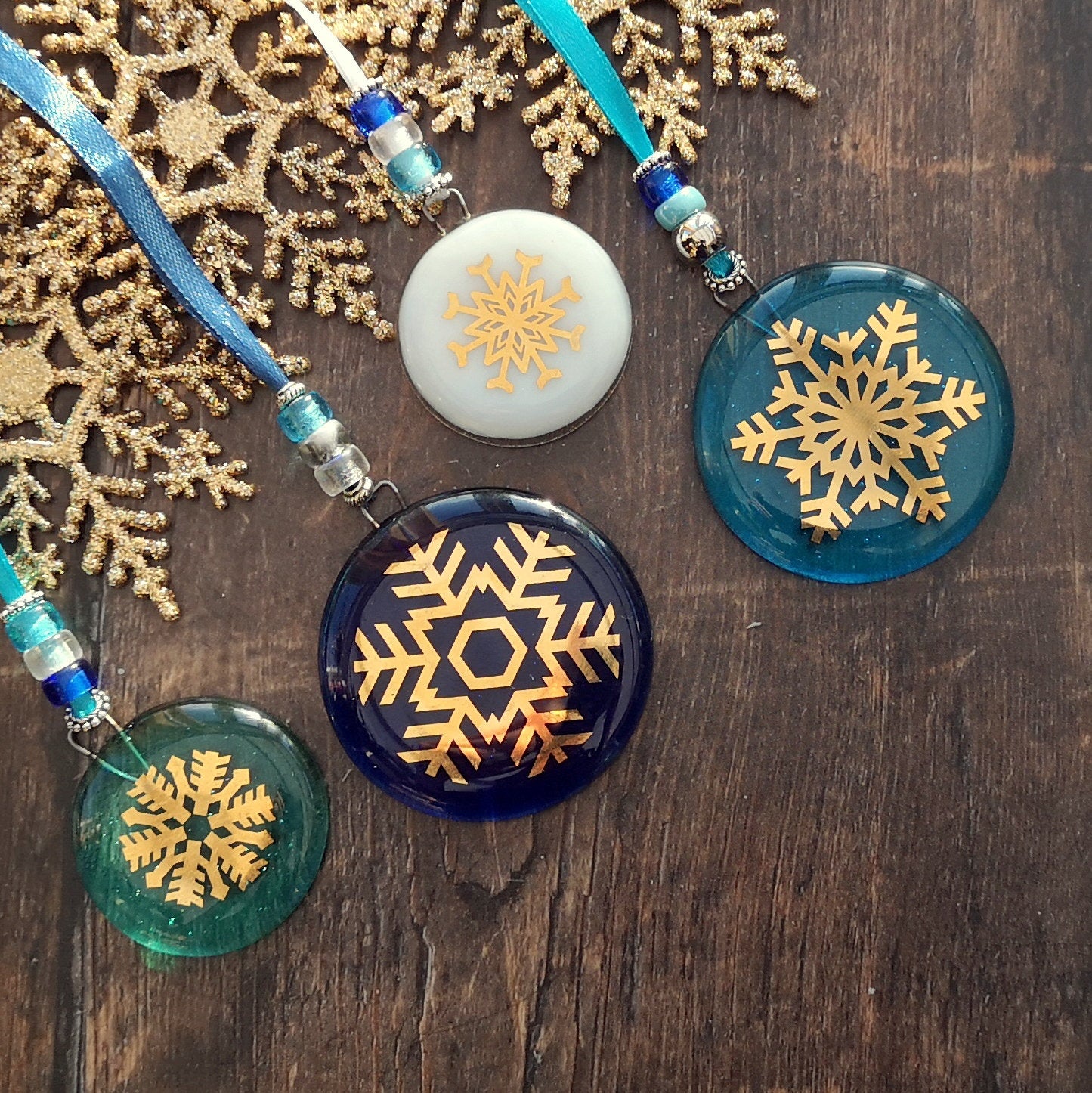 Fused glass Snowflake Hanging Decorations. Glass suncatcher, bauble ornament, holiday decor, Christmas tree gift, festive present.