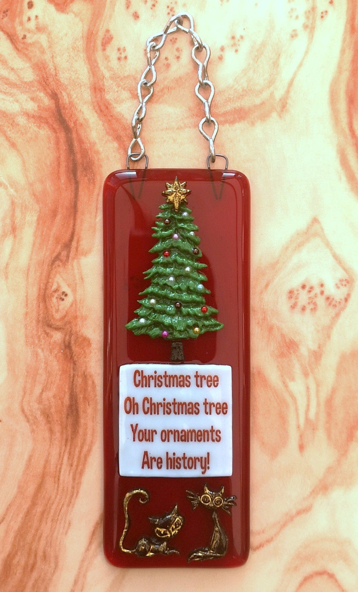 Handmade fused glass 3D Christmas cat hanging decoration, picture suncatcher, funny, humorous ornament, holiday decor, Oh Christmas tree bauble gift, festive present, pet cat lover.