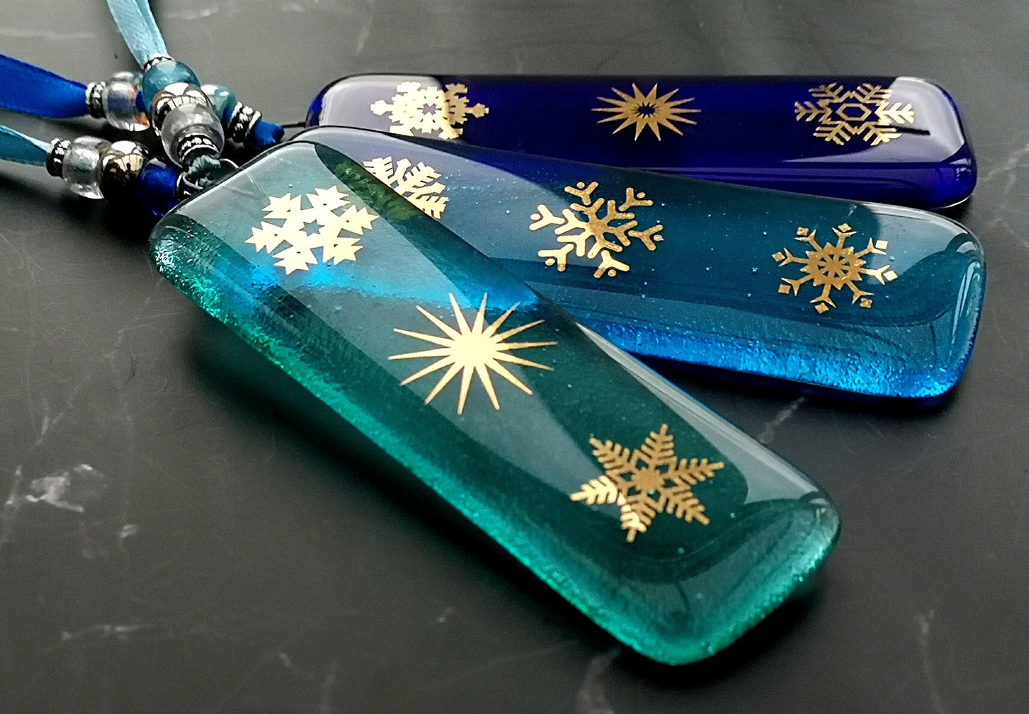 Fused glass Snowflake Hanging Decorations. Glass suncatcher, bauble ornament, holiday decor, Christmas tree gift, festive present.