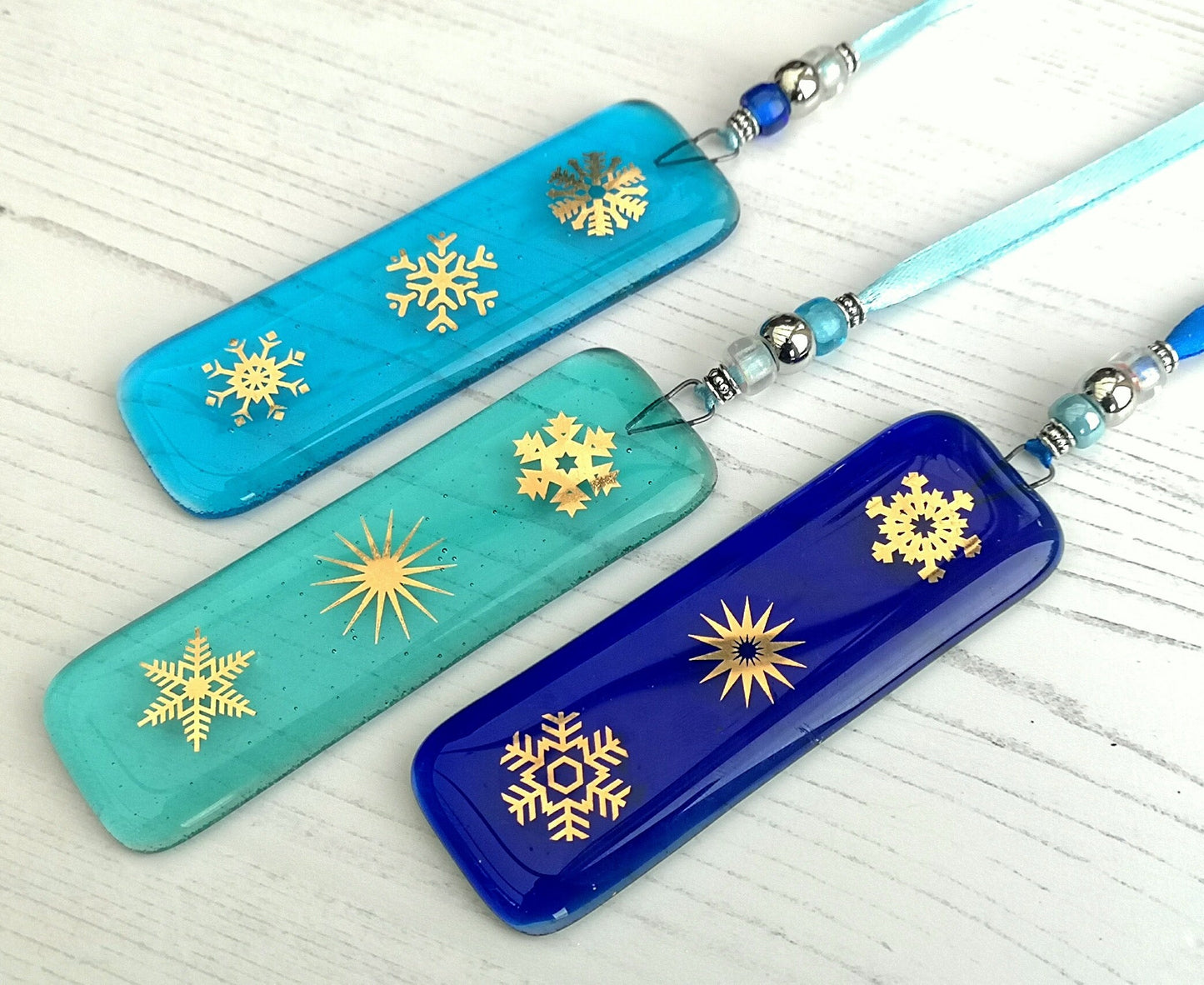 Fused glass Snowflake Hanging Decorations. Glass suncatcher, bauble ornament, holiday decor, Christmas tree gift, festive present.