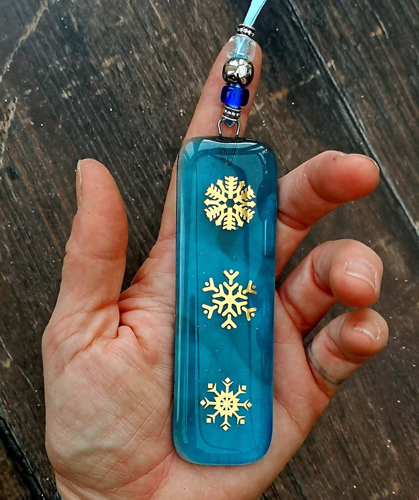 Fused glass Snowflake Hanging Decorations. Glass suncatcher, bauble ornament, holiday decor, Christmas tree gift, festive present.