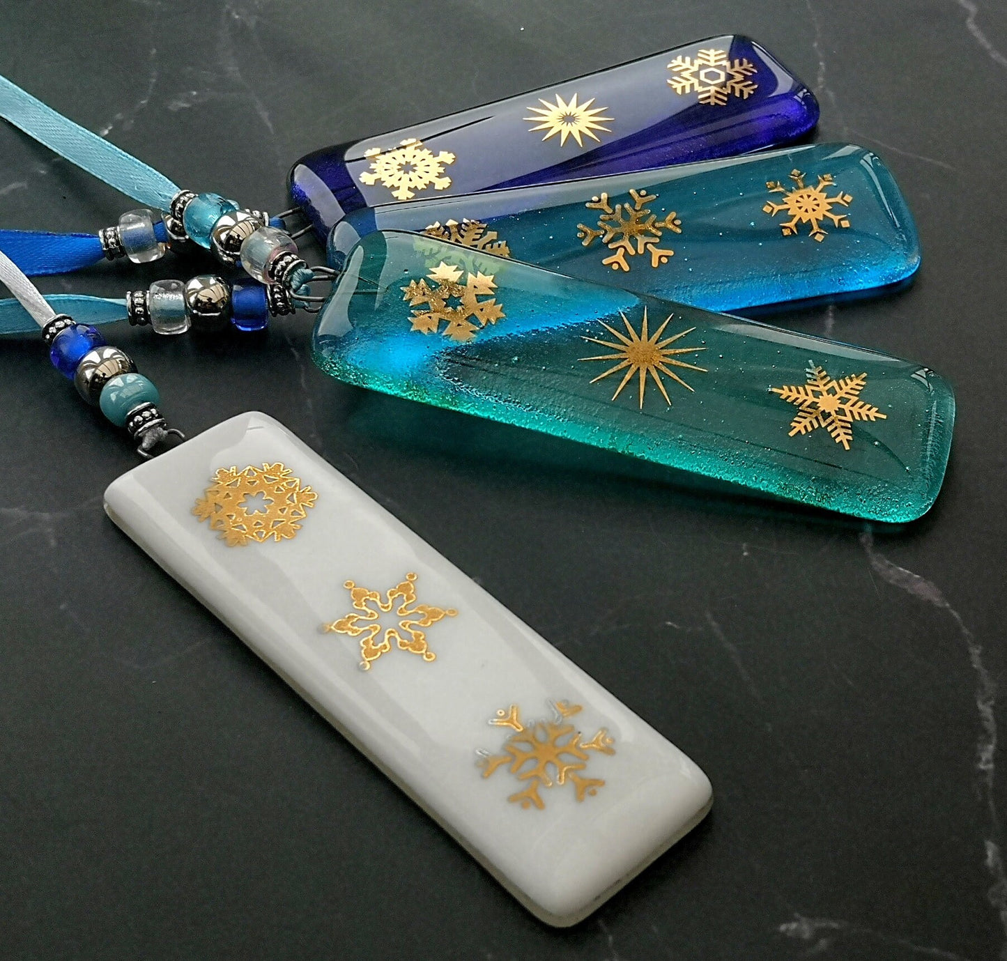 Fused glass Snowflake Hanging Decorations. Glass suncatcher, bauble ornament, holiday decor, Christmas tree gift, festive present.