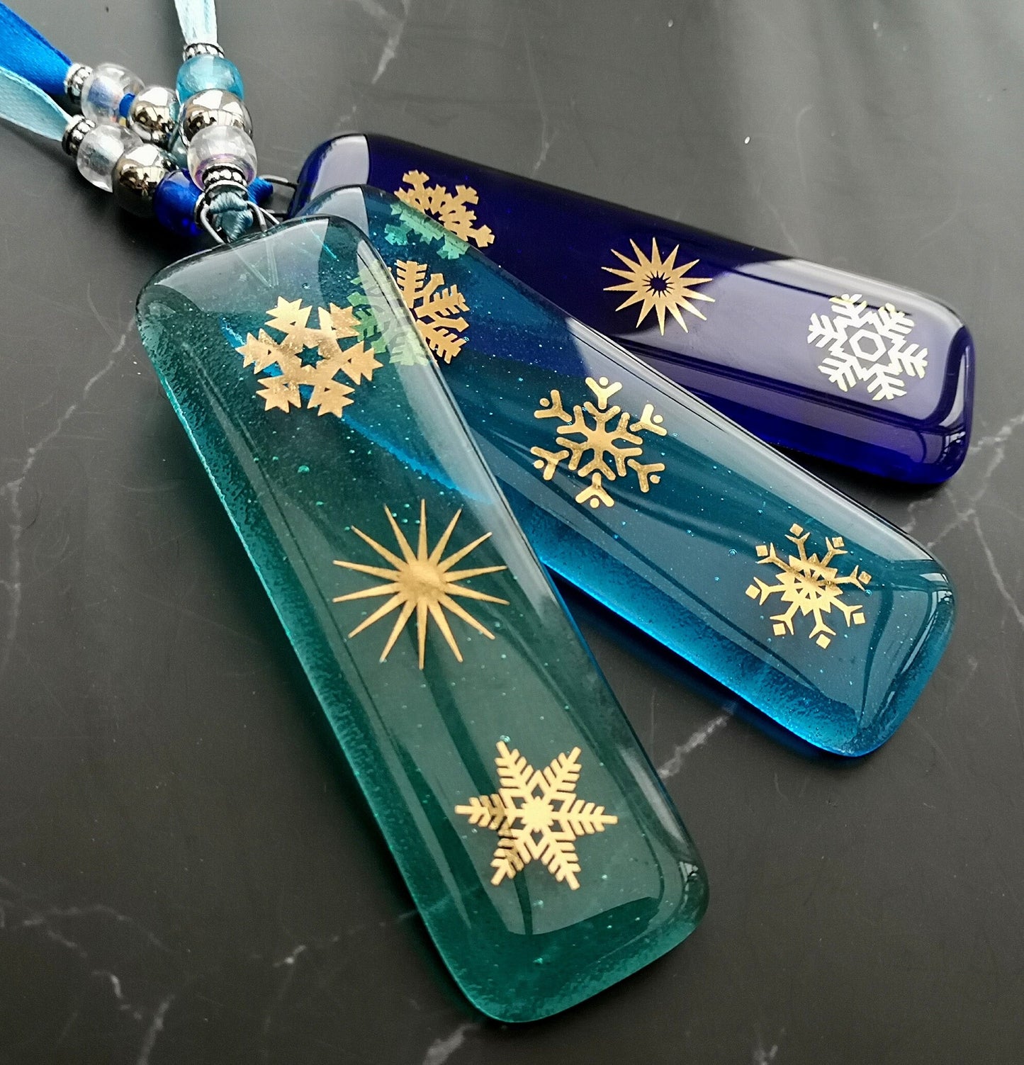 Fused glass Snowflake Hanging Decorations. Glass suncatcher, bauble ornament, holiday decor, Christmas tree gift, festive present.