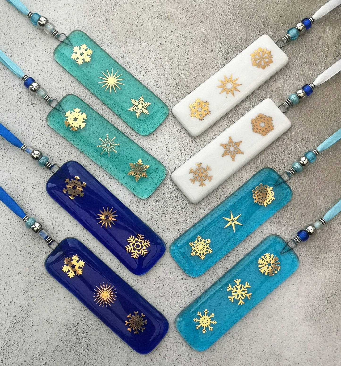 Fused glass Snowflake Hanging Decorations. Glass suncatcher, bauble ornament, holiday decor, Christmas tree gift, festive present.