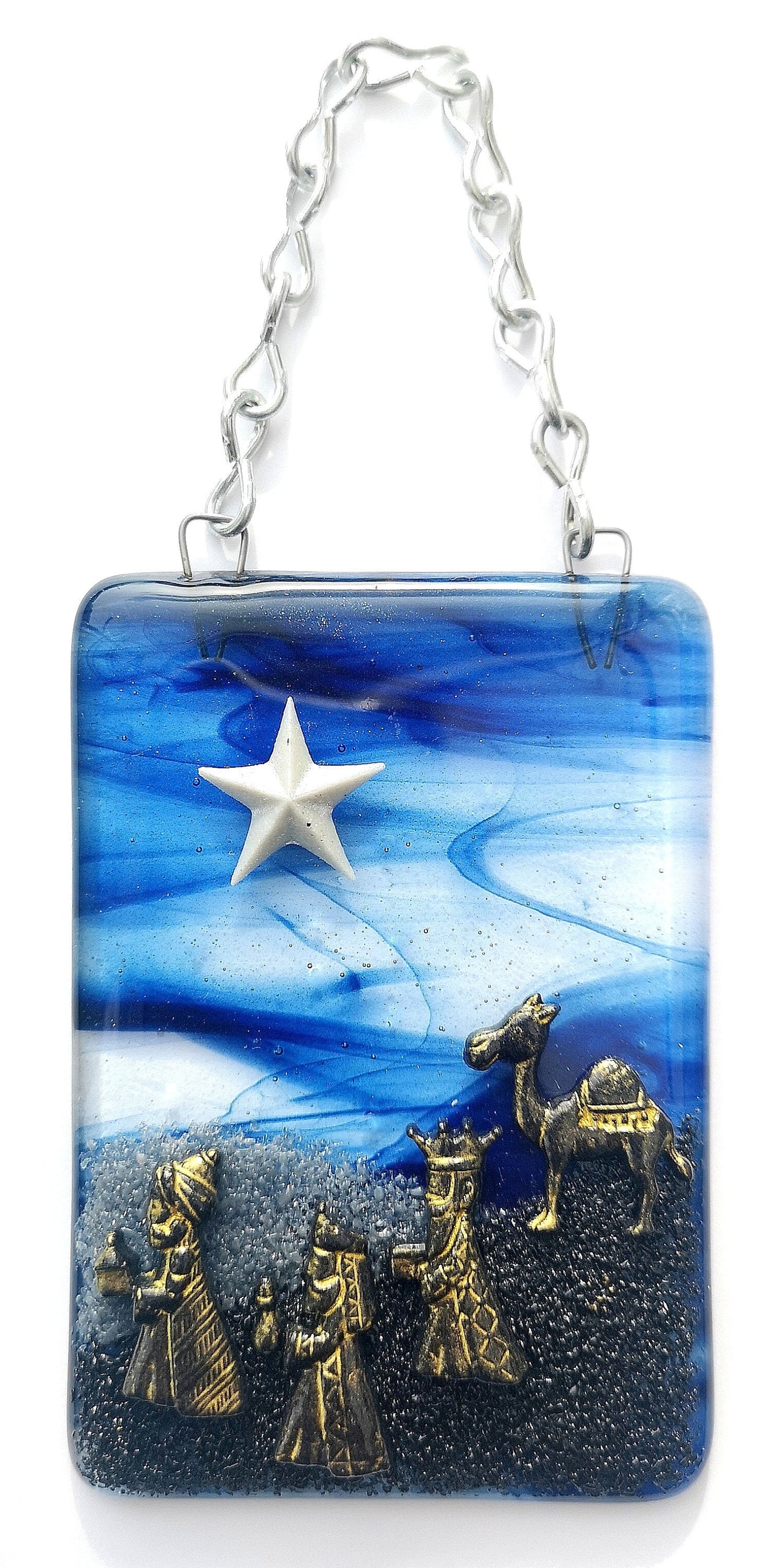 Handmade fused glass 3 wise men nativity scene hanging picture decoration, three wise men ornament, Christmas decor, festive gift, present. Follow the star.
