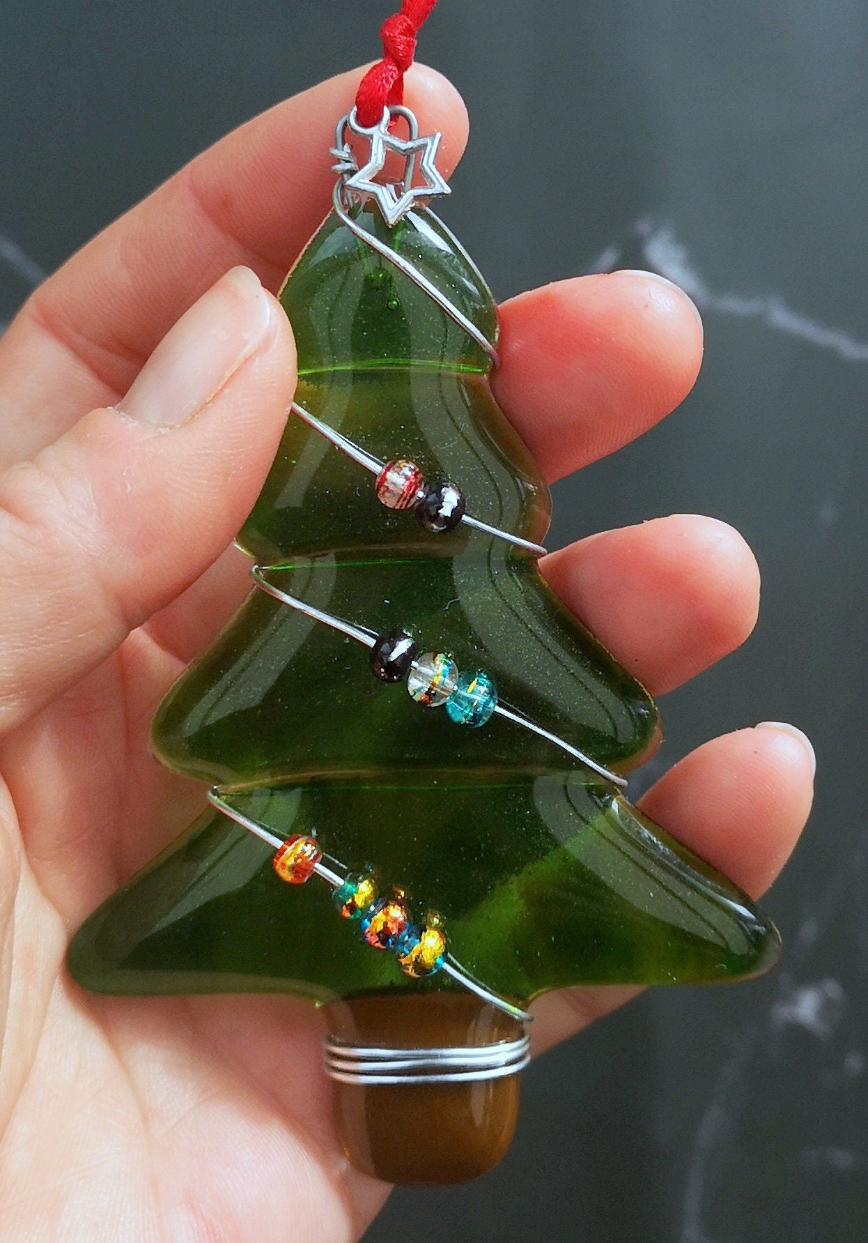 Handmade fused glass Christmas tree hanging decoration, wire wrapped glass beads, Xmas tree ornament, holiday decor, Christmas gift, festive present