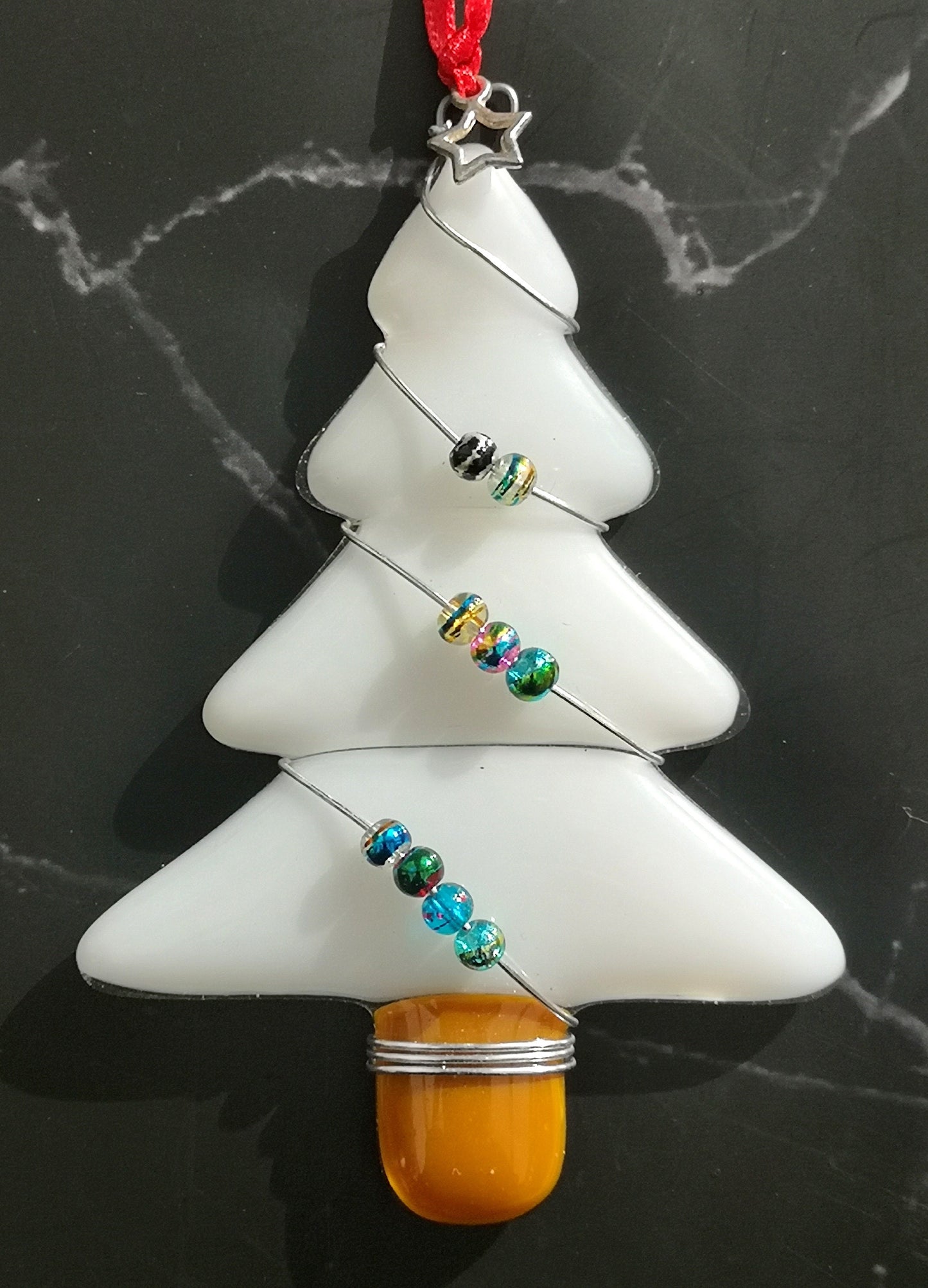 Handmade fused glass Christmas tree hanging decoration, wire wrapped glass beads, Xmas tree ornament, holiday decor, Christmas gift, festive present