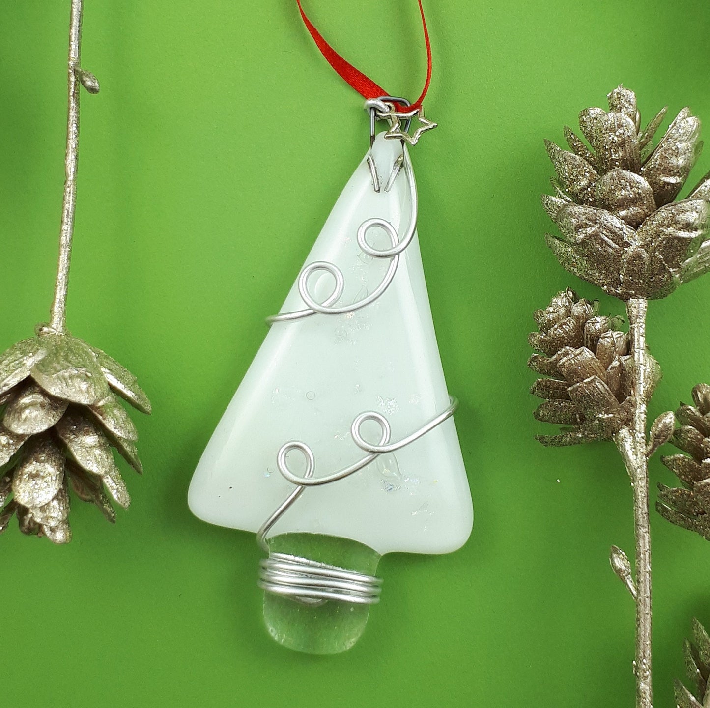 Handmade fused glass Christmas tree hanging decoration, wire wrapped, Xmas tree ornament, holiday decor, Christmas gift, festive present, star charm