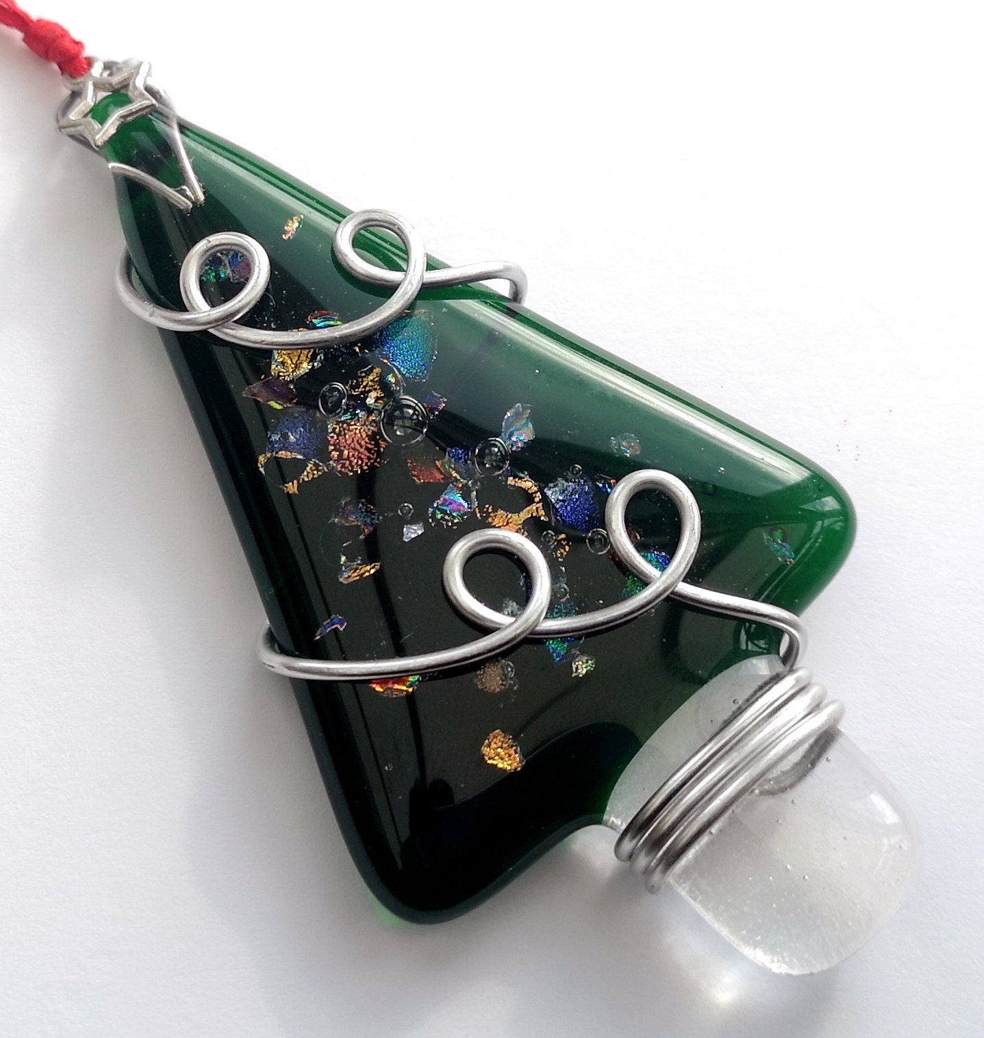 Handmade fused glass Christmas tree hanging decoration, wire wrapped, Xmas tree ornament, holiday decor, Christmas gift, festive present, star charm