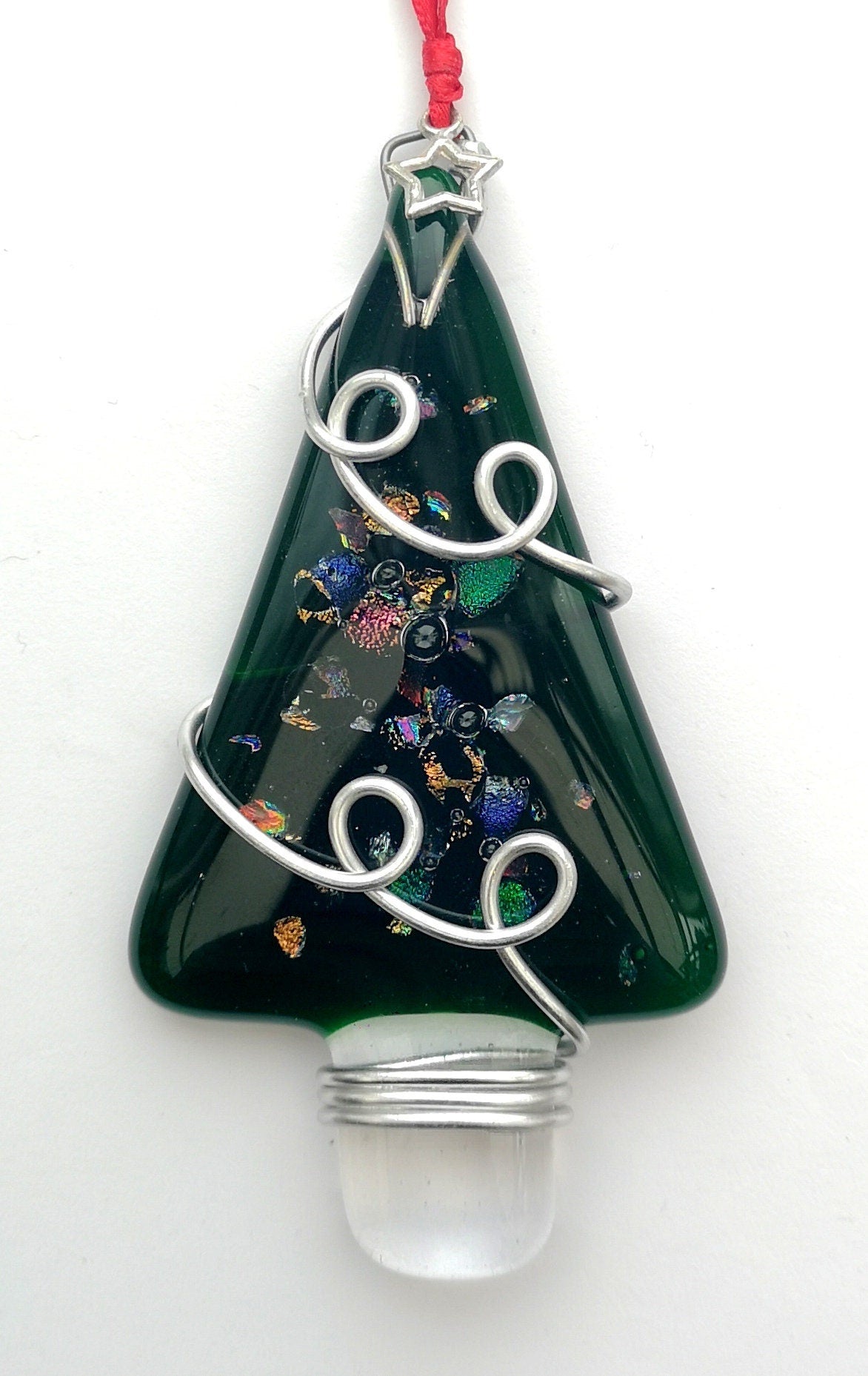 Handmade fused glass Christmas tree hanging decoration, wire wrapped, Xmas tree ornament, holiday decor, Christmas gift, festive present, star charm