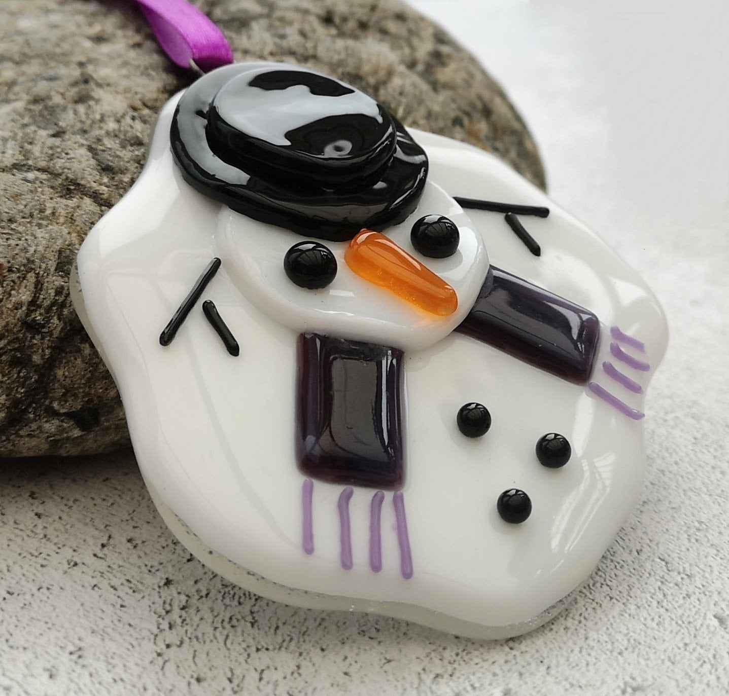 Handmade fused glass Melted Snowman Hanging Decoration, glass snow man, winter ornament, holiday decor, Christmas gift, festive present.