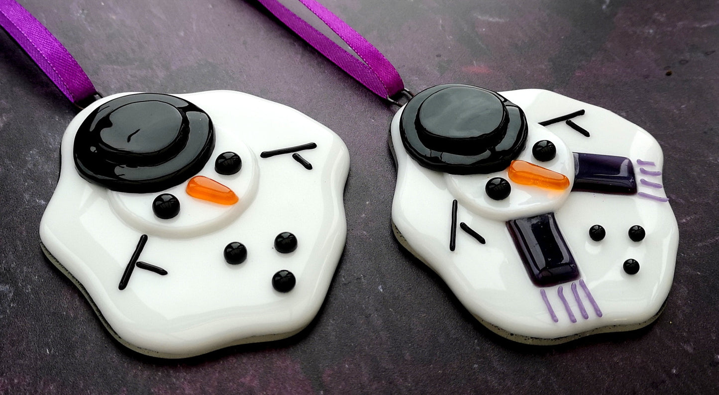 Handmade fused glass Melted Snowman Hanging Decoration, glass snow man, winter ornament, holiday decor, Christmas gift, festive present.