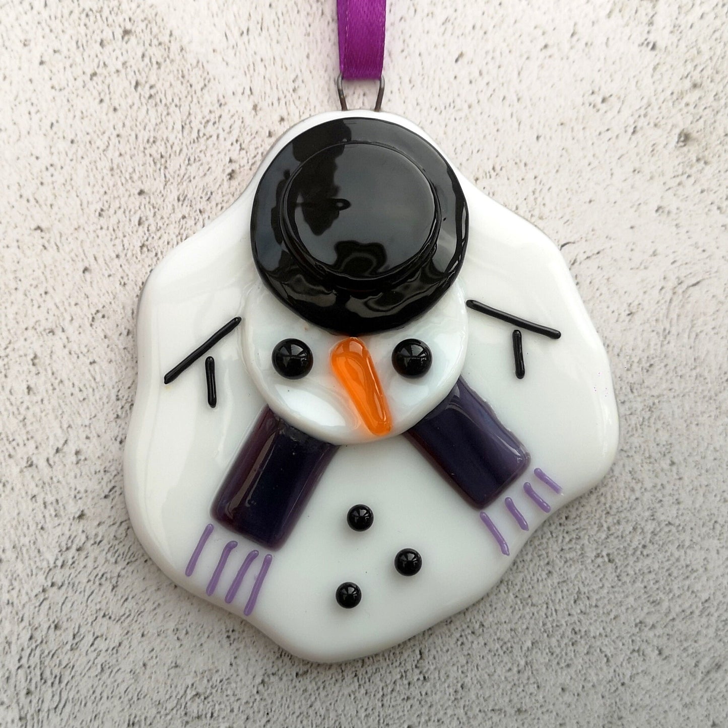 Handmade fused glass Melted Snowman Hanging Decoration, glass snow man, winter ornament, holiday decor, Christmas gift, festive present.