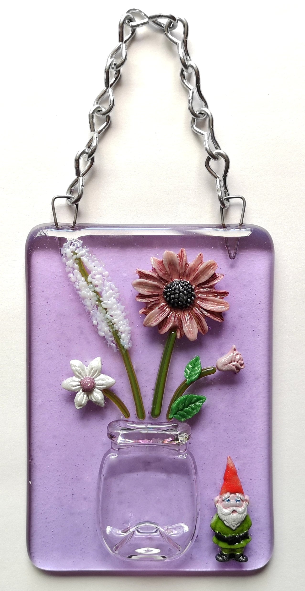 Handmade 3D fused glass Flowers In Vase Hanging Picture, suncatcher. Floral decoration, ornament, flower wall art, garden picture gift. Daisy, sunflower, garden gnome, rose.