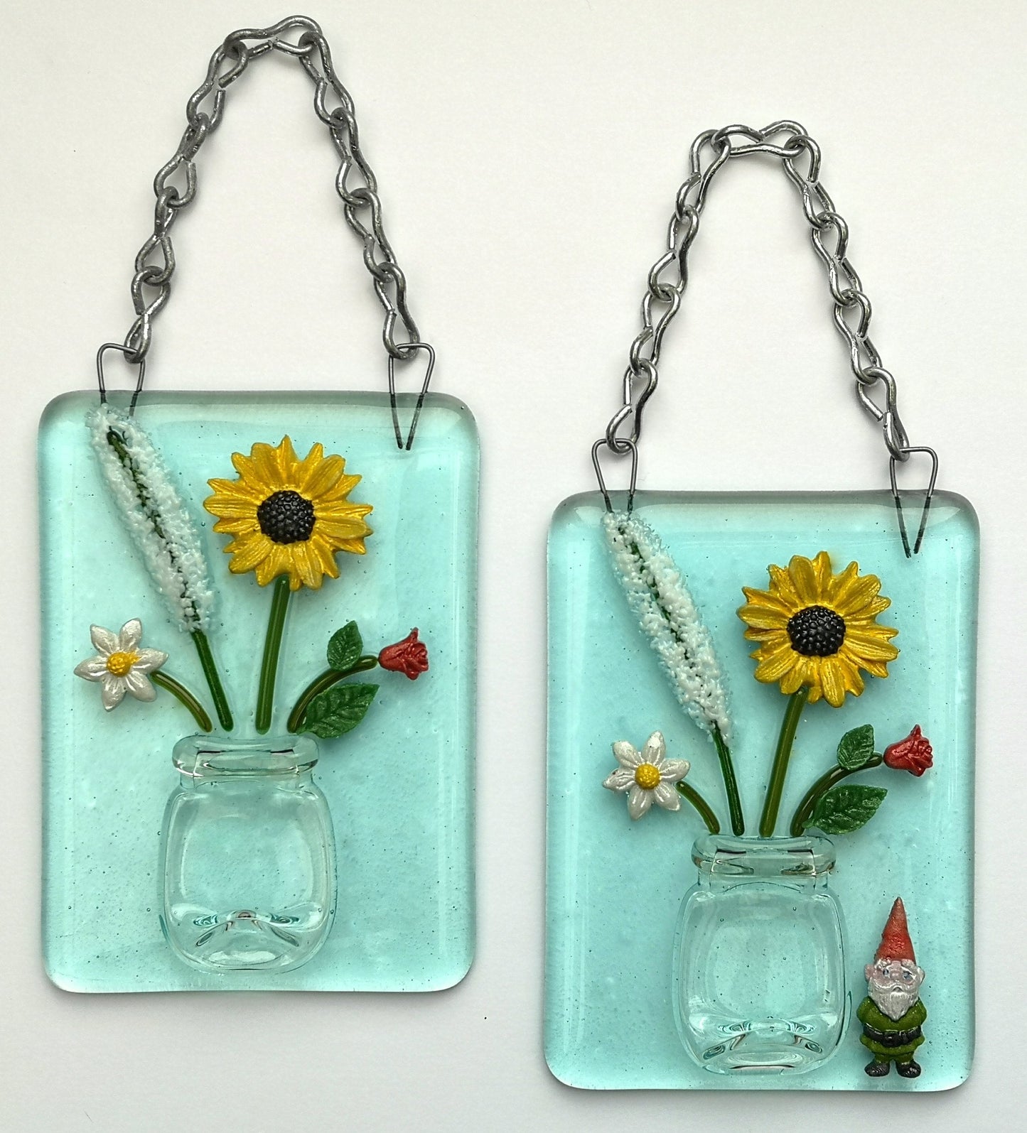 Handmade 3D fused glass Flowers In Vase Hanging Picture, suncatcher. Floral decoration, ornament, flower wall art, garden picture gift. Daisy, sunflower, garden gnome, rose.