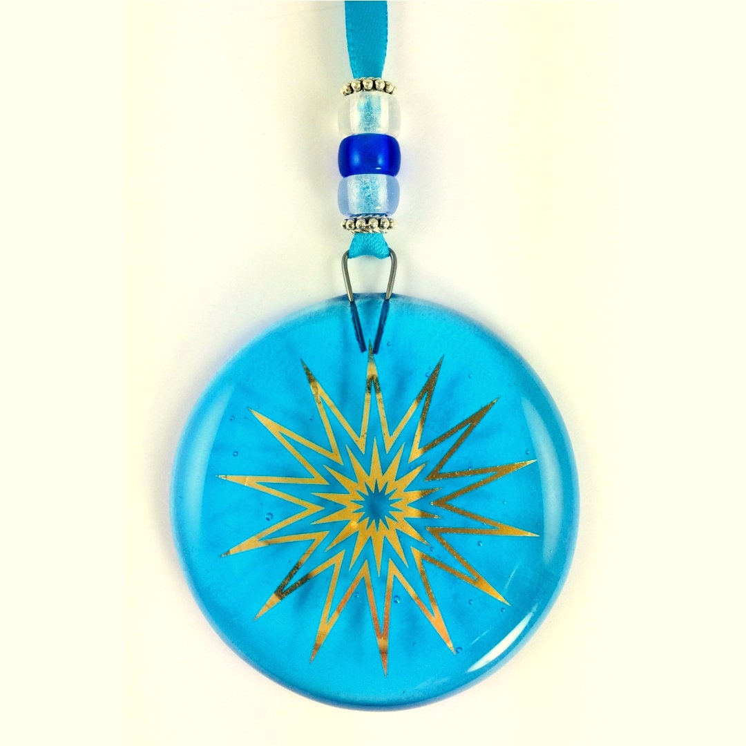 Fused glass Snowflake Hanging Decorations. Glass suncatcher, bauble ornament, holiday decor, Christmas tree gift, festive present.