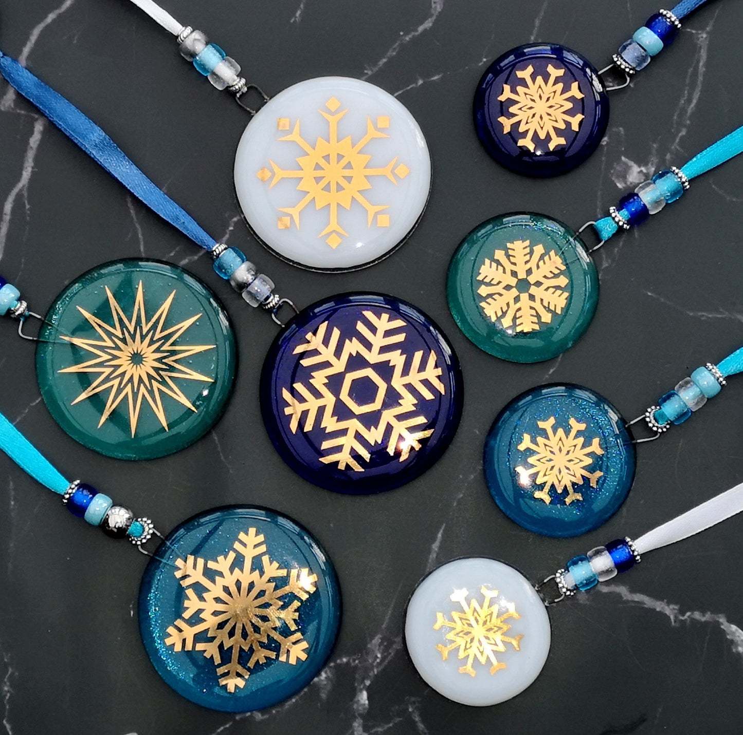 Fused glass Snowflake Hanging Decorations. Glass suncatcher, bauble ornament, holiday decor, Christmas tree gift, festive present.